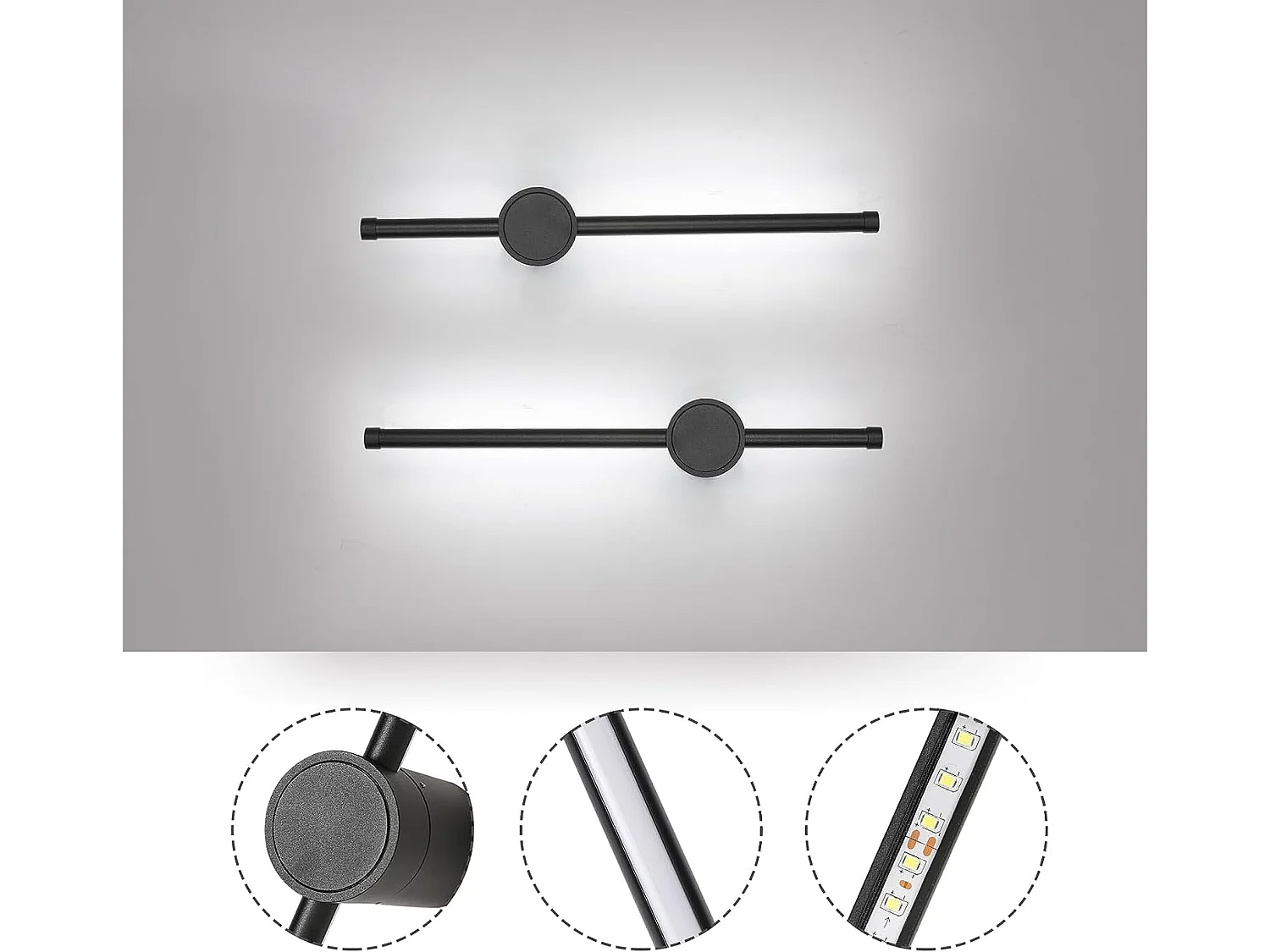 Applique murale intérieur led, 40cm, noir, 8W, 360° rotative 6500k blanc froid