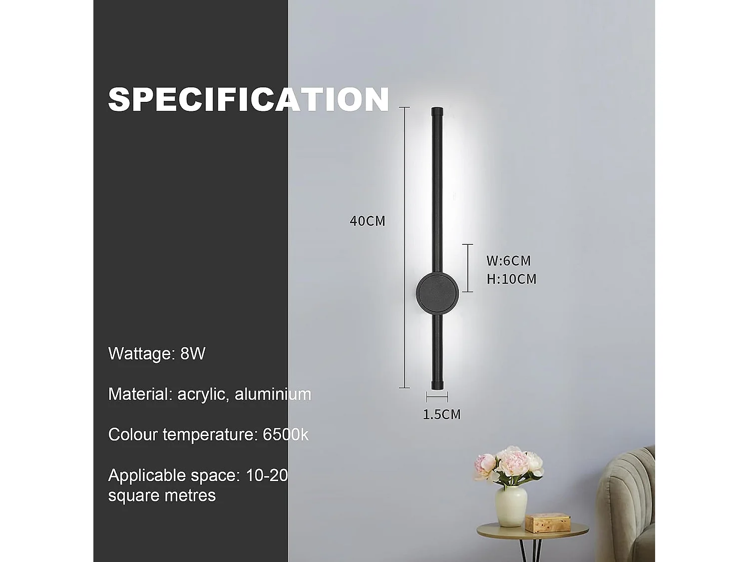 Applique murale intérieur led, 40cm, noir, 8W, 360° rotative 6500k blanc froid