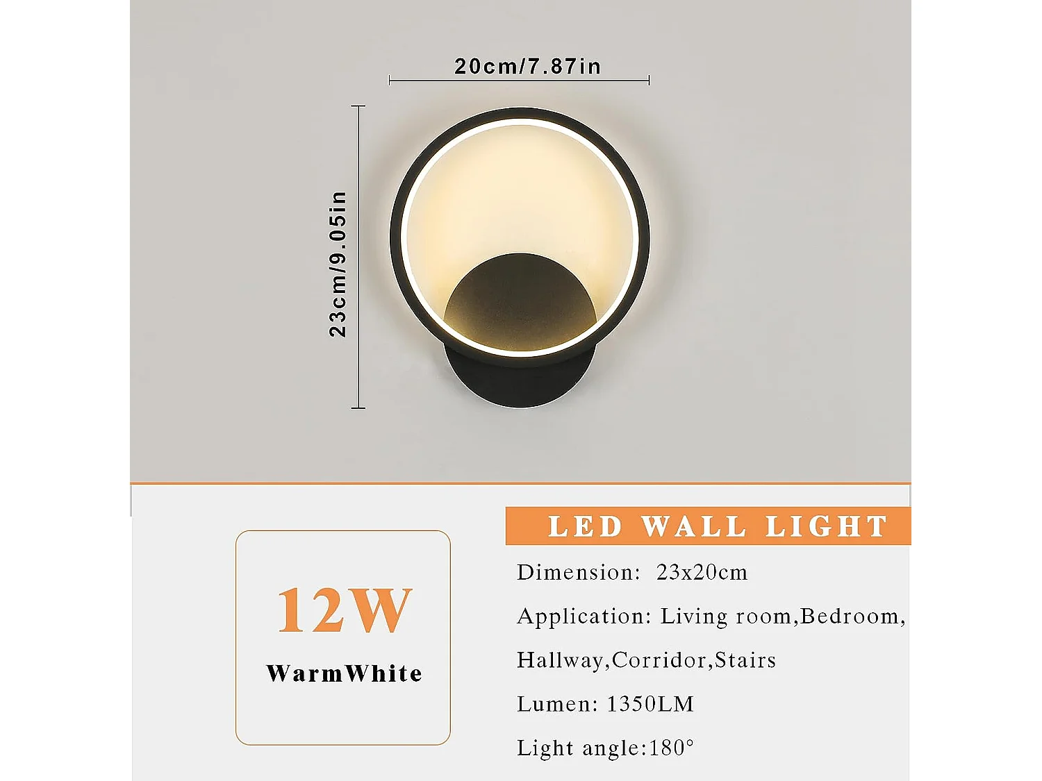 Applique murale led interieur ronde,  noir, 23 * 20 * 5.5 CM, blanc chaud en metal acrylique 12w