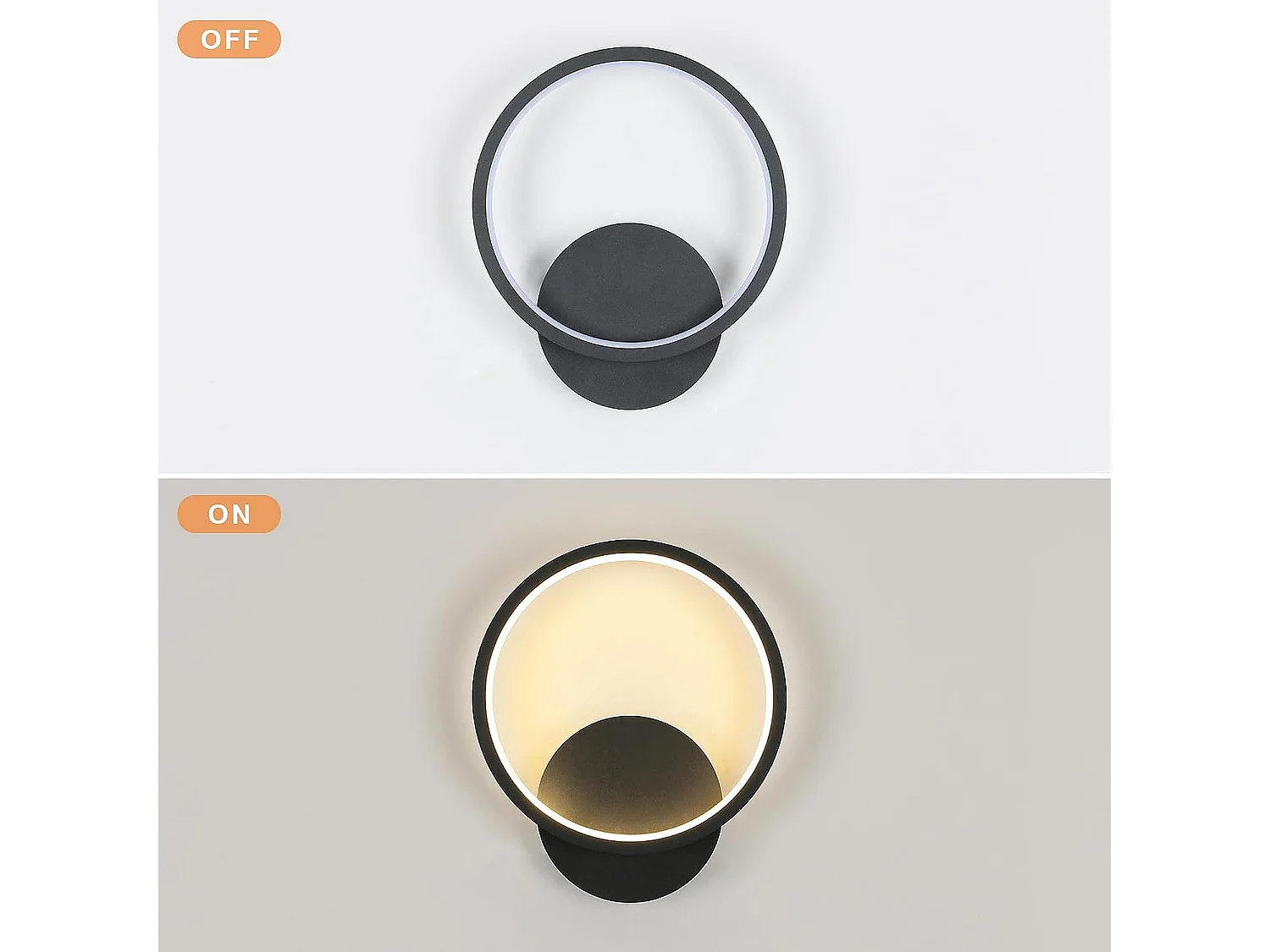 Applique murale led interieur ronde,  noir, 23 * 20 * 5.5 CM, blanc chaud en metal acrylique 12w