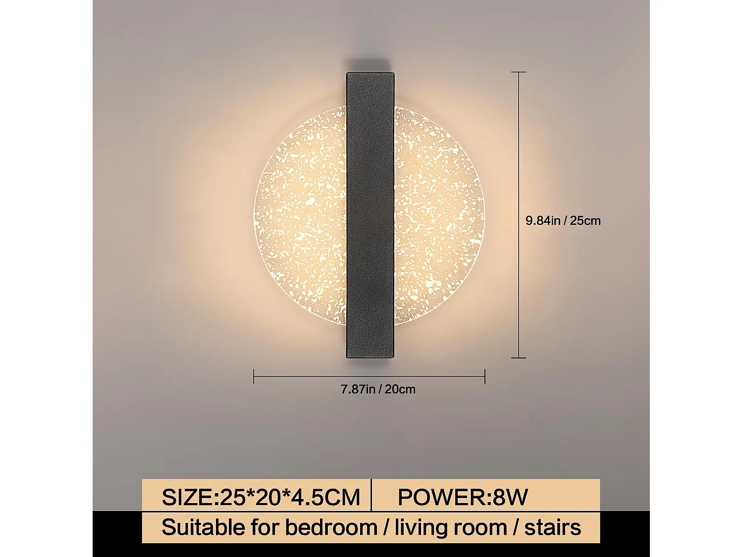 Applique murale led dimmable moderne rond, 25*20*4.5cm, noir, 3000k/4000k/6000k pour chambre