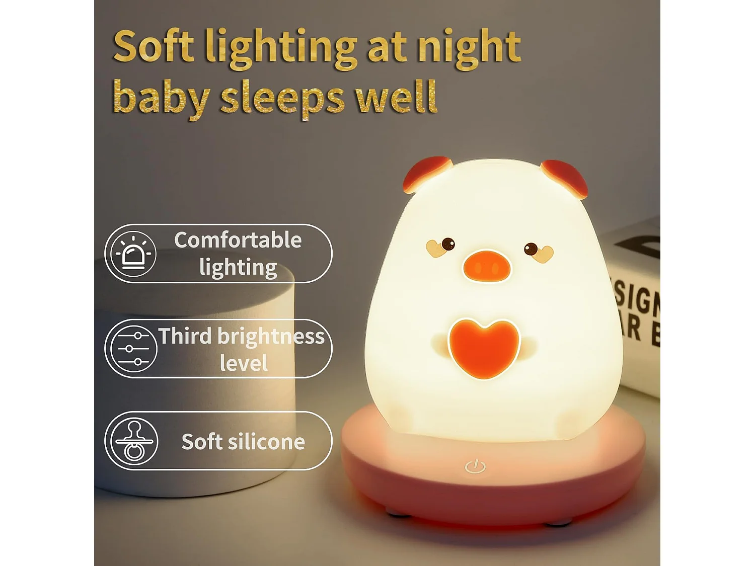 Veilleuse enfant led, 10*10*12.8cm, porcelet silicone, veilleuse bébé dimmable