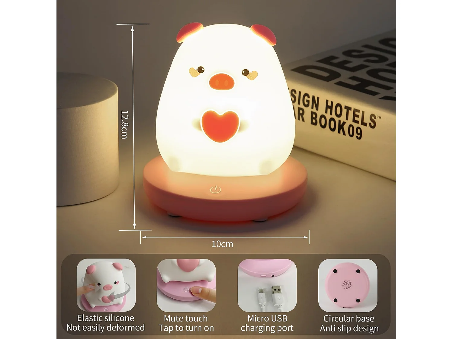Veilleuse enfant led, 10*10*12.8cm, porcelet silicone, veilleuse bébé dimmable
