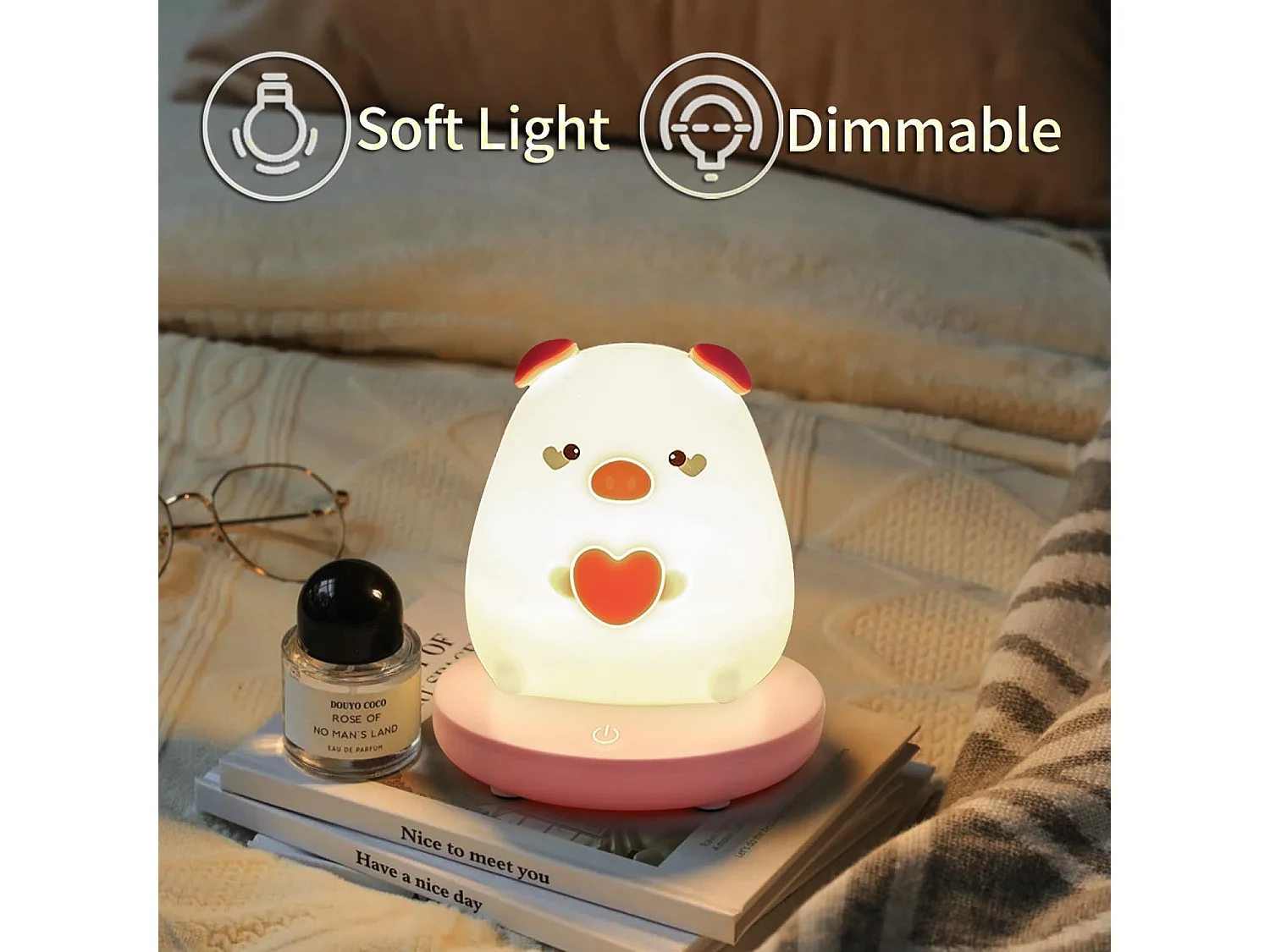 Veilleuse enfant led, 10*10*12.8cm, porcelet silicone, veilleuse bébé dimmable