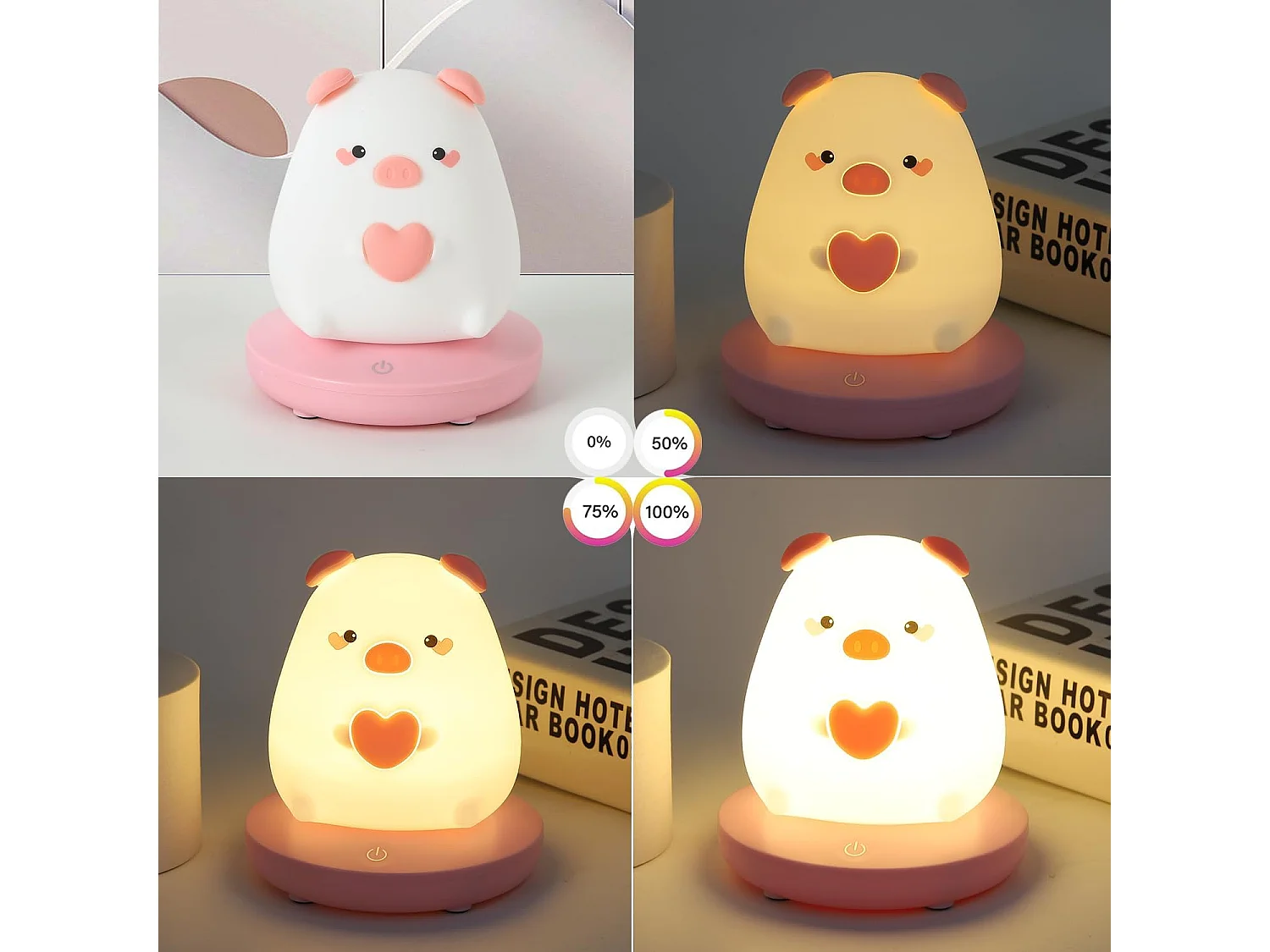 Veilleuse enfant led, 10*10*12.8cm, porcelet silicone, veilleuse bébé dimmable