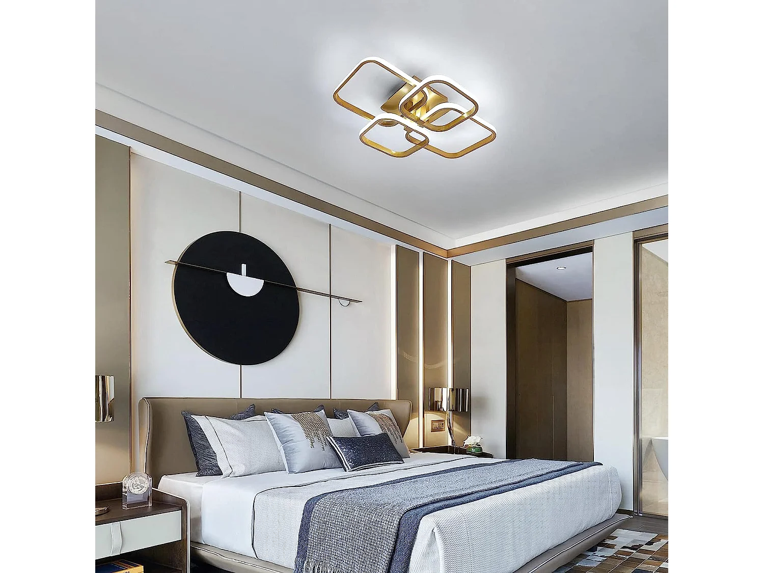 Luz LED Luz de diseño moderno Círculo cuadrado, 58*46 cm, oro, 6000k lámpara de techo blanco frío para sala de estar