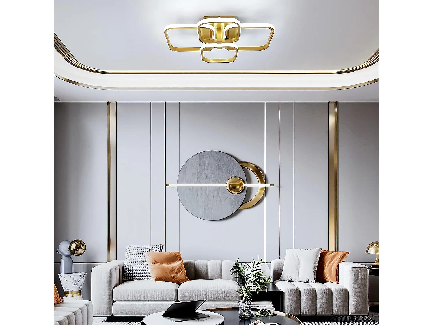 Luz LED Luz de diseño moderno Círculo cuadrado, 58*46 cm, oro, 6000k lámpara de techo blanco frío para sala de estar