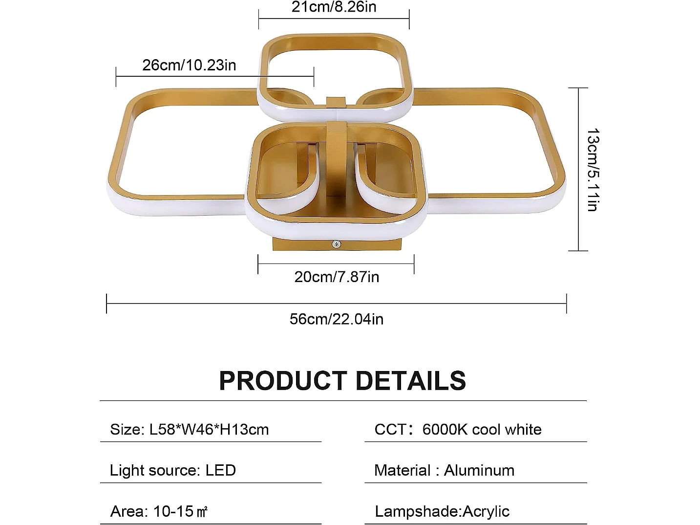 Luz LED Luz de diseño moderno Círculo cuadrado, 58*46 cm, oro, 6000k lámpara de techo blanco frío para sala de estar