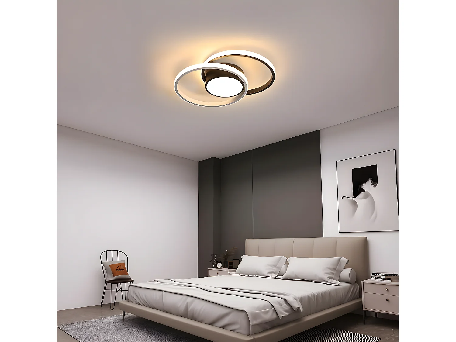 Plafonnier led moderne, 42w 4000lm, 40*28.5cm, noir blanc, rond, lumière chaude