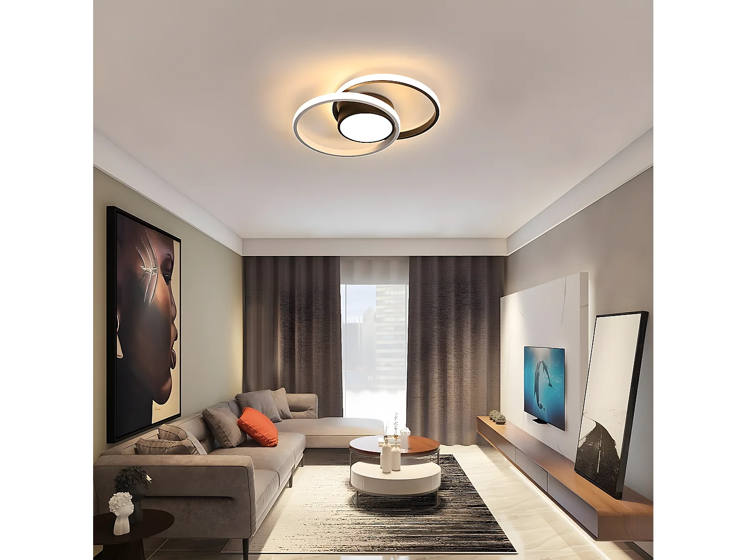 Plafonnier led moderne, 42w 4000lm, 40*28.5cm, noir blanc, rond, lumière chaude