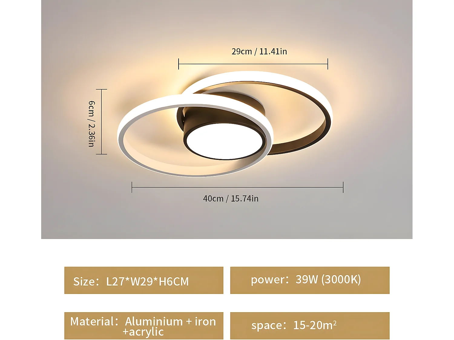 Plafonnier led moderne, 42w 4000lm, 40*28.5cm, noir blanc, rond, lumière chaude