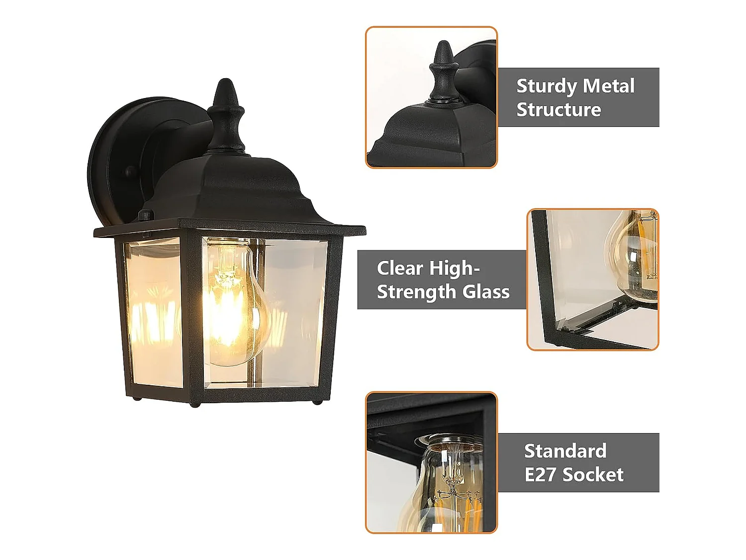 Applique murale extérieure vintage, 21*13*16.5cm, noir, e27 base sans ampoule