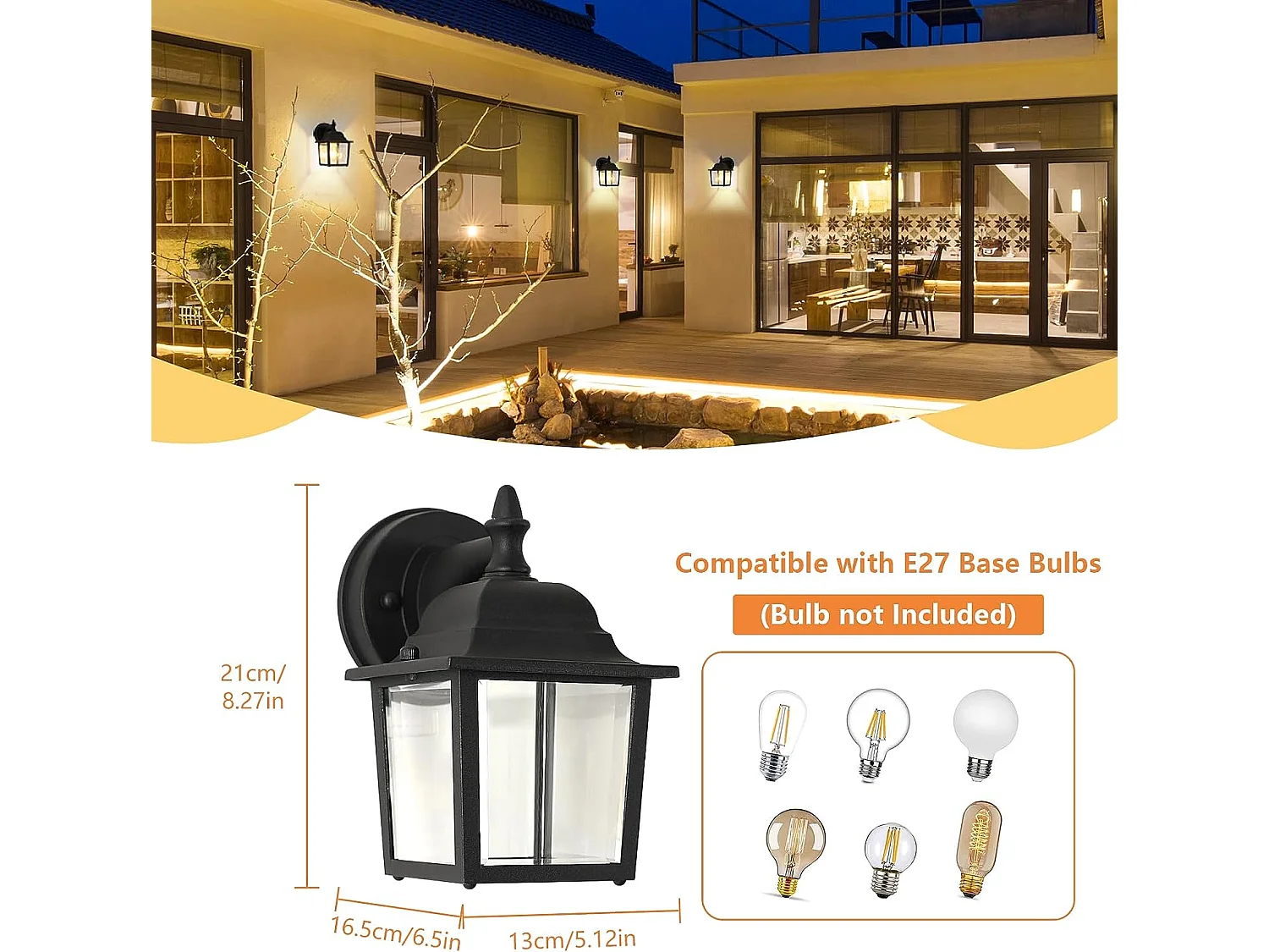 Applique murale extérieure vintage, 21*13*16.5cm, noir, e27 base sans ampoule