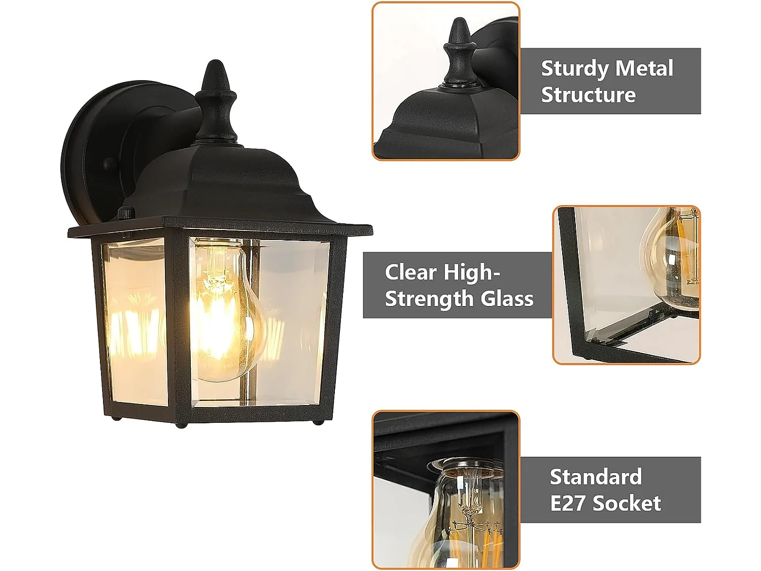 Applique murale extérieure vintage, 21*13*16.5cm, noir, e27 base sans ampoule