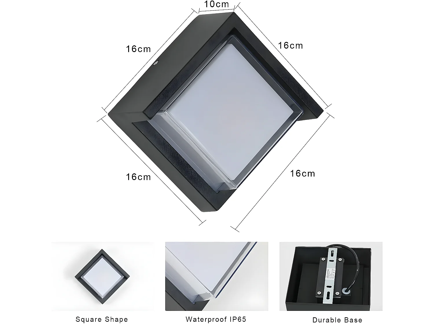 Luz de pared LED al aire libre, negro, 16*16*10 cm, 3000k tibia blanca, impermeable IP65