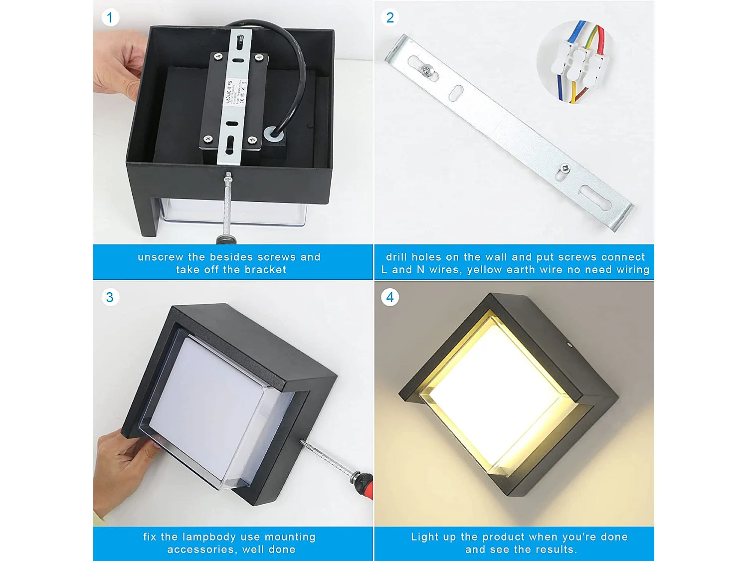 Luz de pared LED al aire libre, negro, 16*16*10 cm, 3000k tibia blanca, impermeable IP65