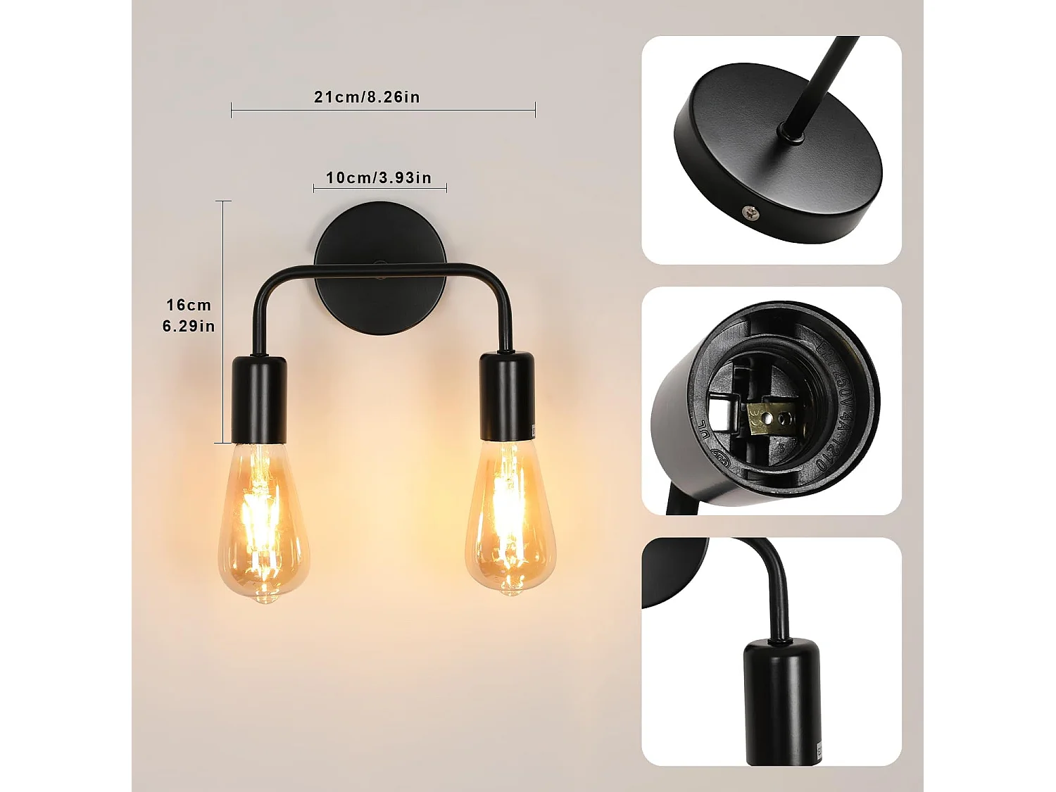 2 pack applique murale industrielle, noir e27 lampe murale intérieur industrielle en métal