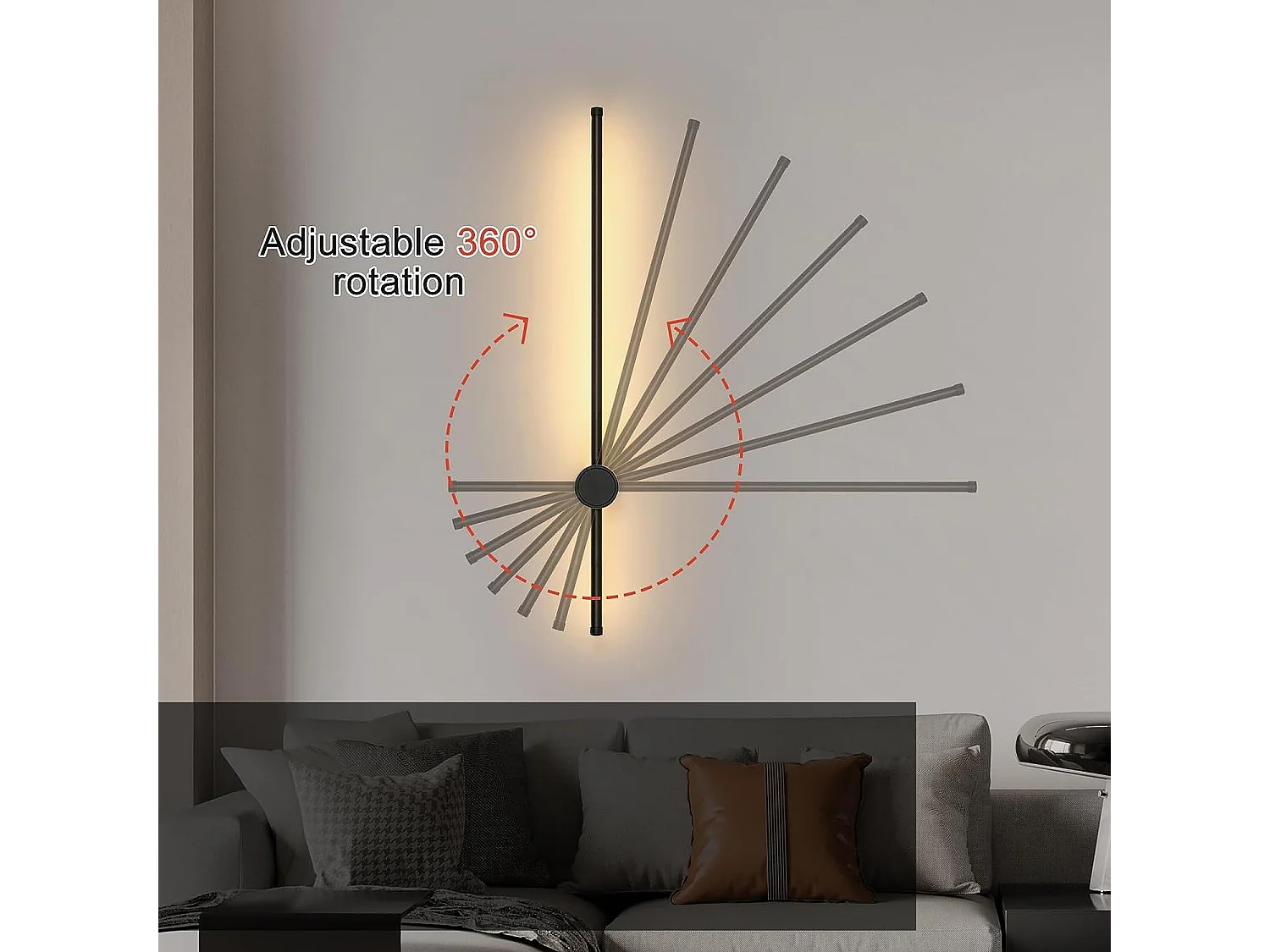 Luz de pared LED moderna, 80 cm, negro, 360 ° Lámpara de pared blanca tibia Hot White 3000K