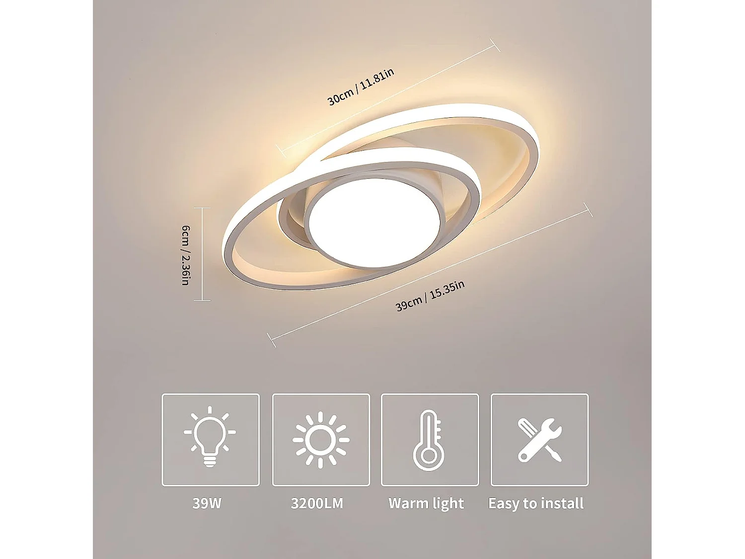 Luce a soffitto a LED rotondo, illuminazione per camera da letto, 38,5*17*6 cm, 42W 4000lm, bianco, luce calda
