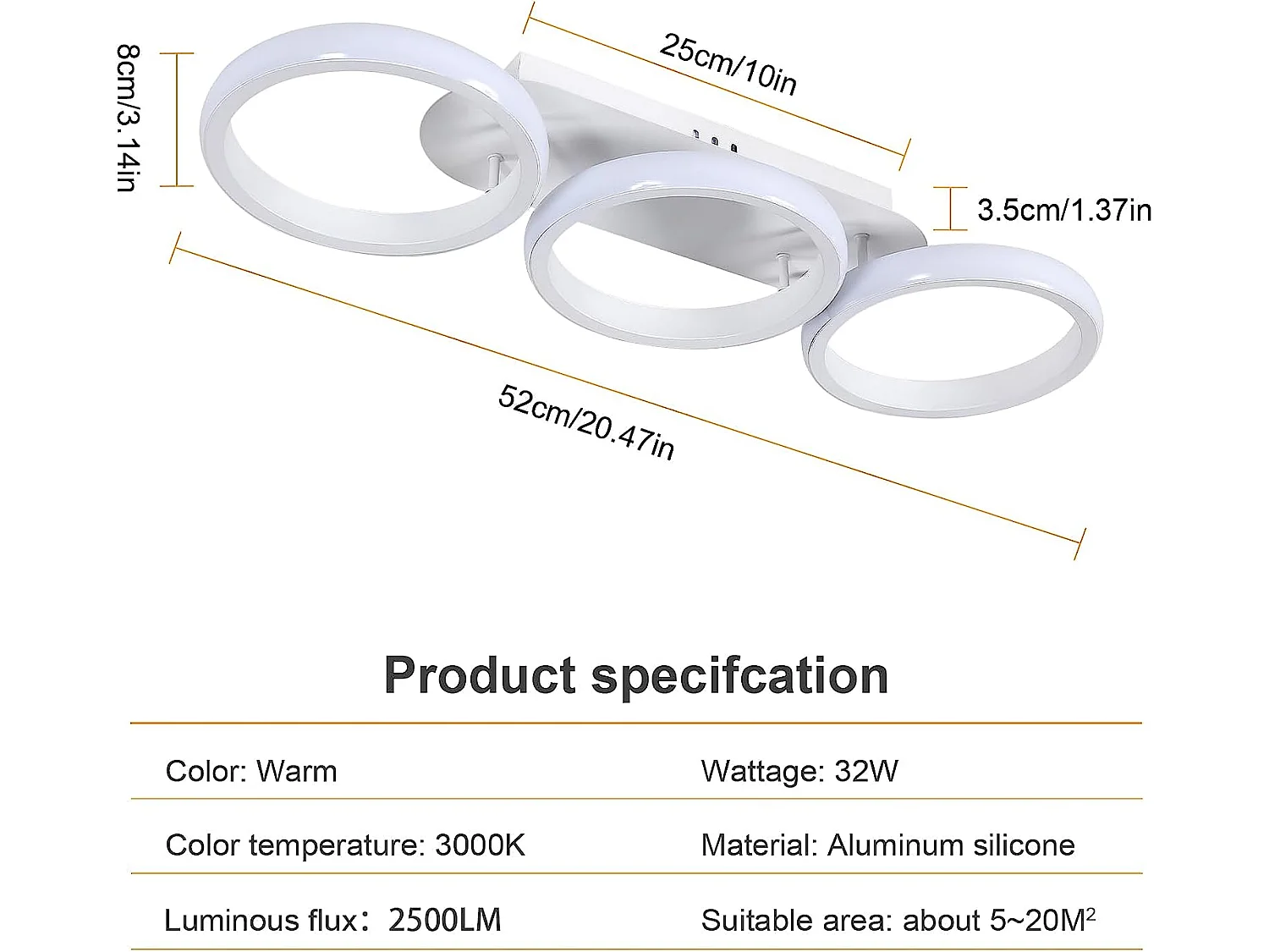plafonnier led design moderne 32w cercle anneaux lampe de plafond blanc chaud 3000k pour s