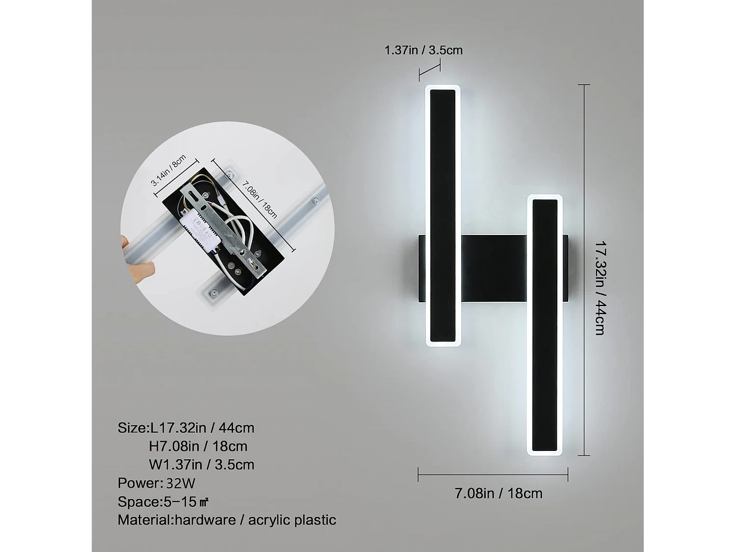Appliques murales led d'intérieur dimmable 32w, noir, 46*18cm,  moderne lumière chaude/naturelle/blanc froid