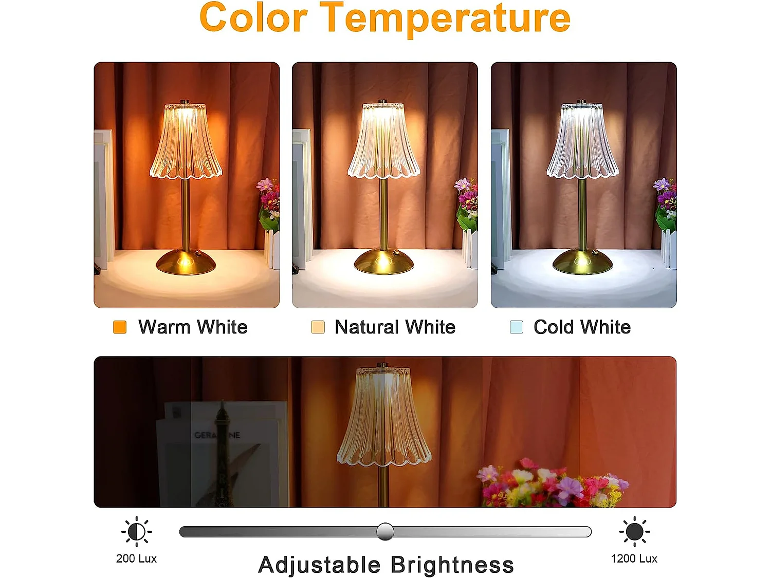 Lampe de chevet portable rechargeable usb, 12.8*11*29.5cm, lampe à poser dimmable 3000k/4000k/6000k