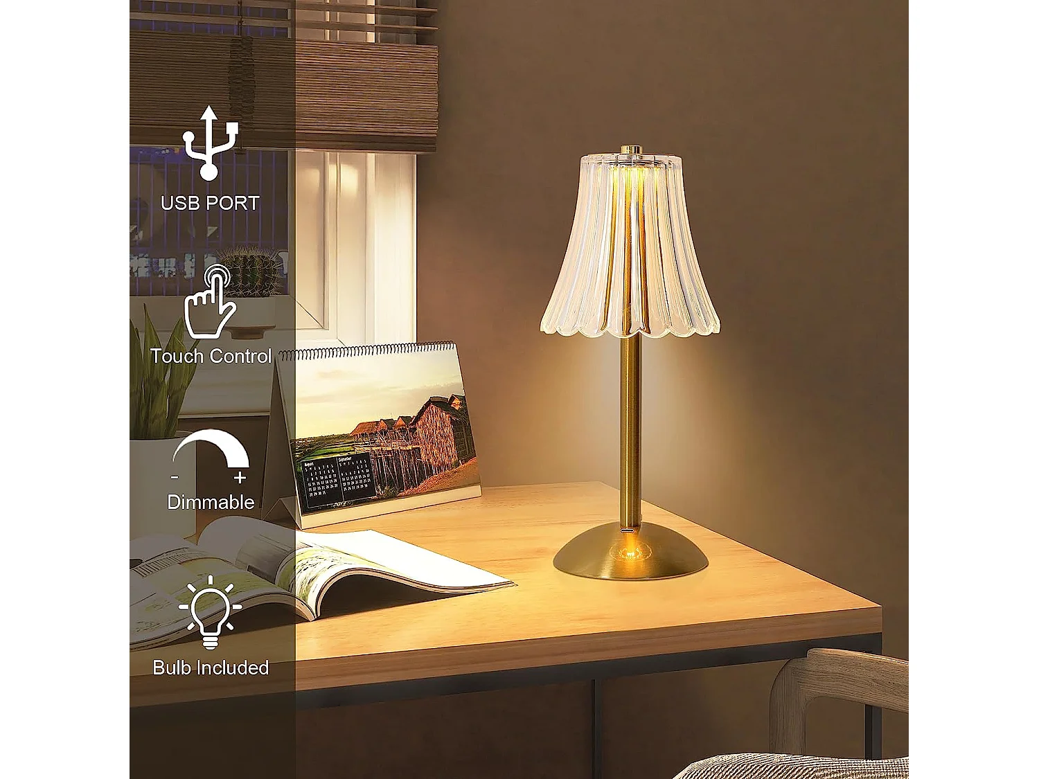 Lampe de chevet portable rechargeable usb, 12.8*11*29.5cm, lampe à poser dimmable 3000k/4000k/6000k