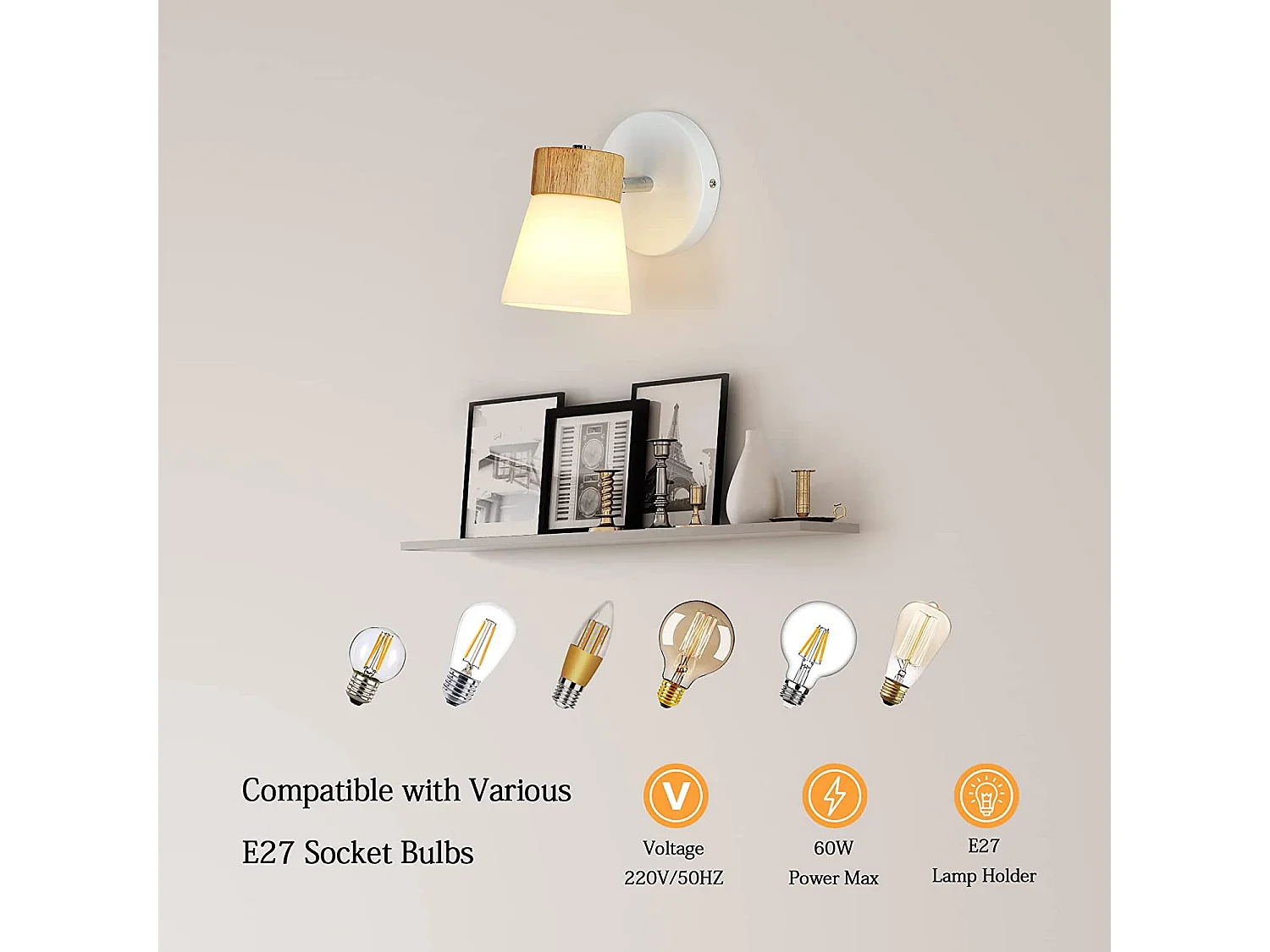 Applique murale intérieur style minimaliste moderne, 12*12*15cm, blanc brun, en bois, sans ampoules E27