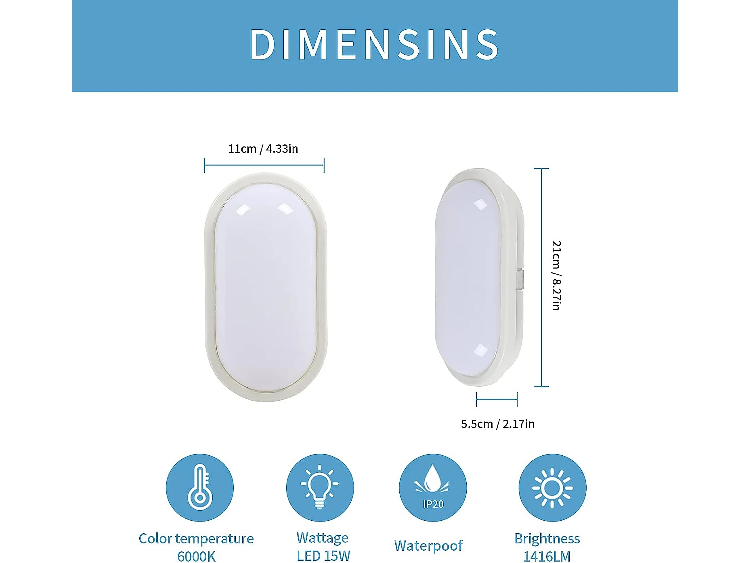 2 stuks LED Ovaal plafondlicht, 21*11.2*5,7 cm, wit, voor waterdichte badkamer IP54 Koud Wit 6000K