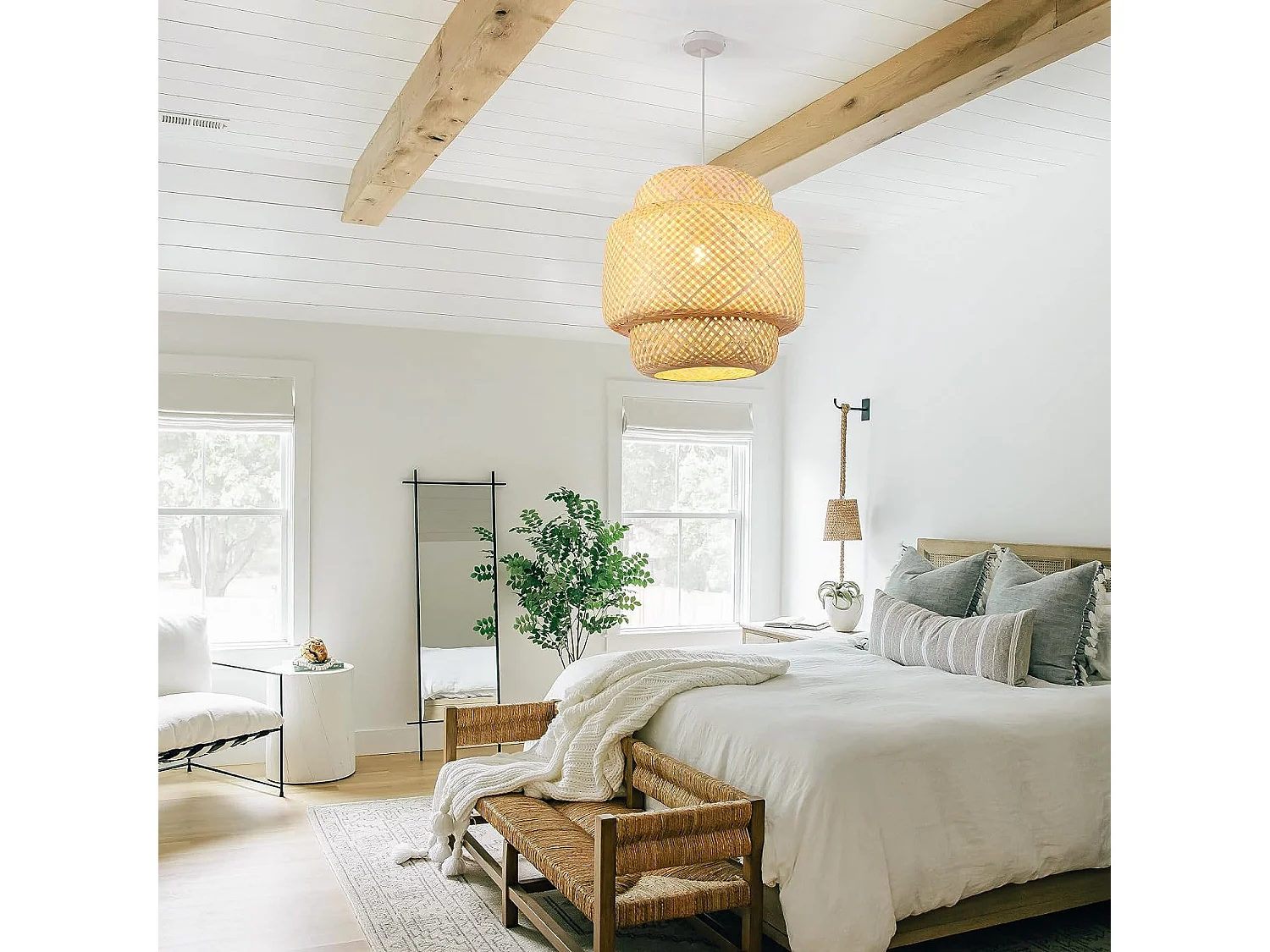 Suspension bambou naturel, 40*40cm, E27 lampe lustre  bambou sans ampoules