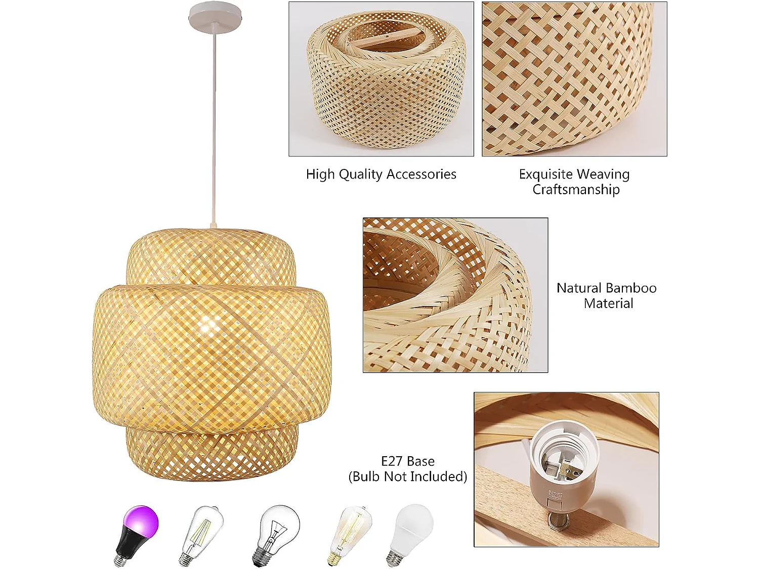 Suspension bambou naturel, 40*40cm, E27 lampe lustre  bambou sans ampoules