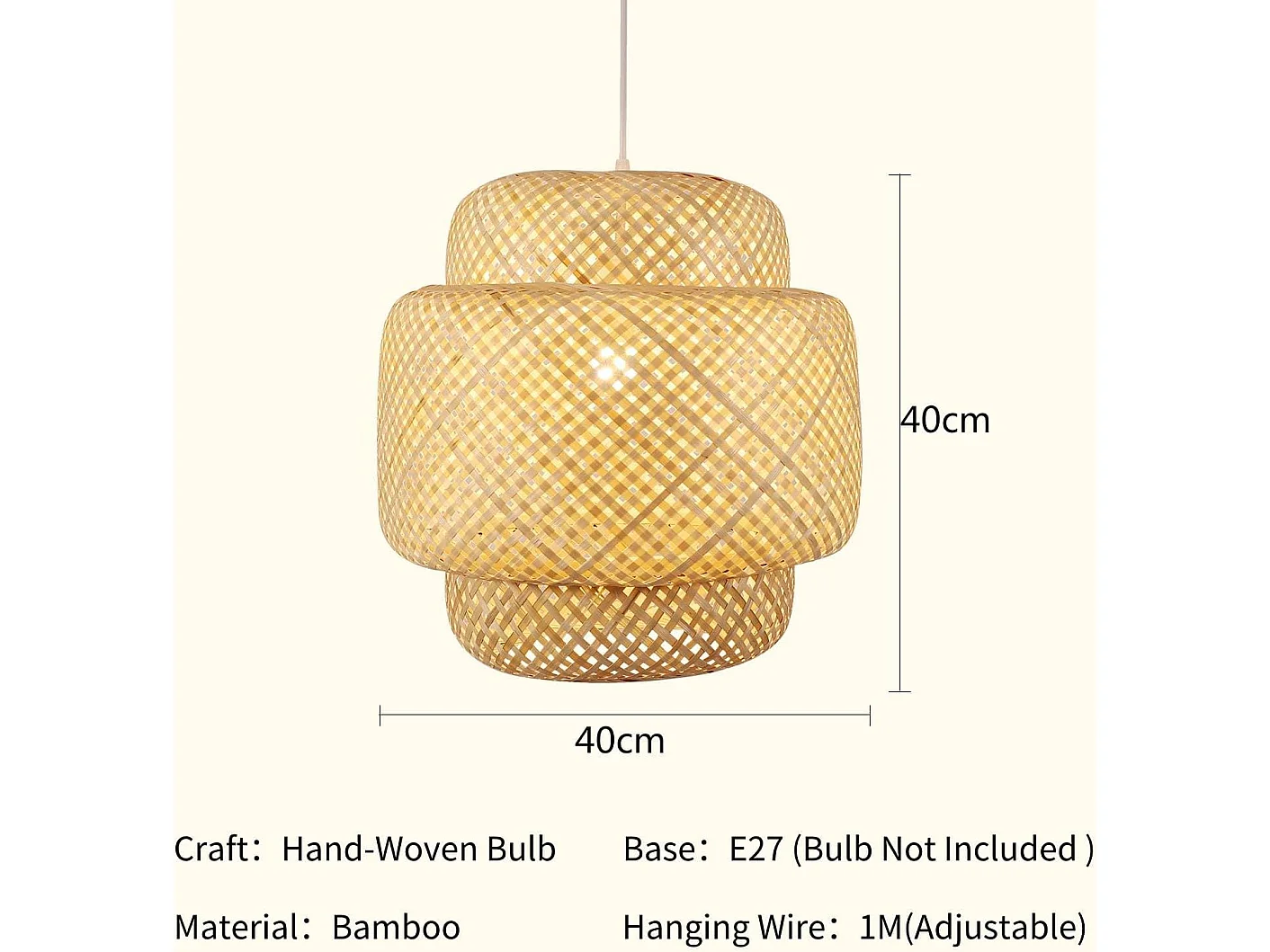 Suspension bambou naturel, 40*40cm, E27 lampe lustre  bambou sans ampoules