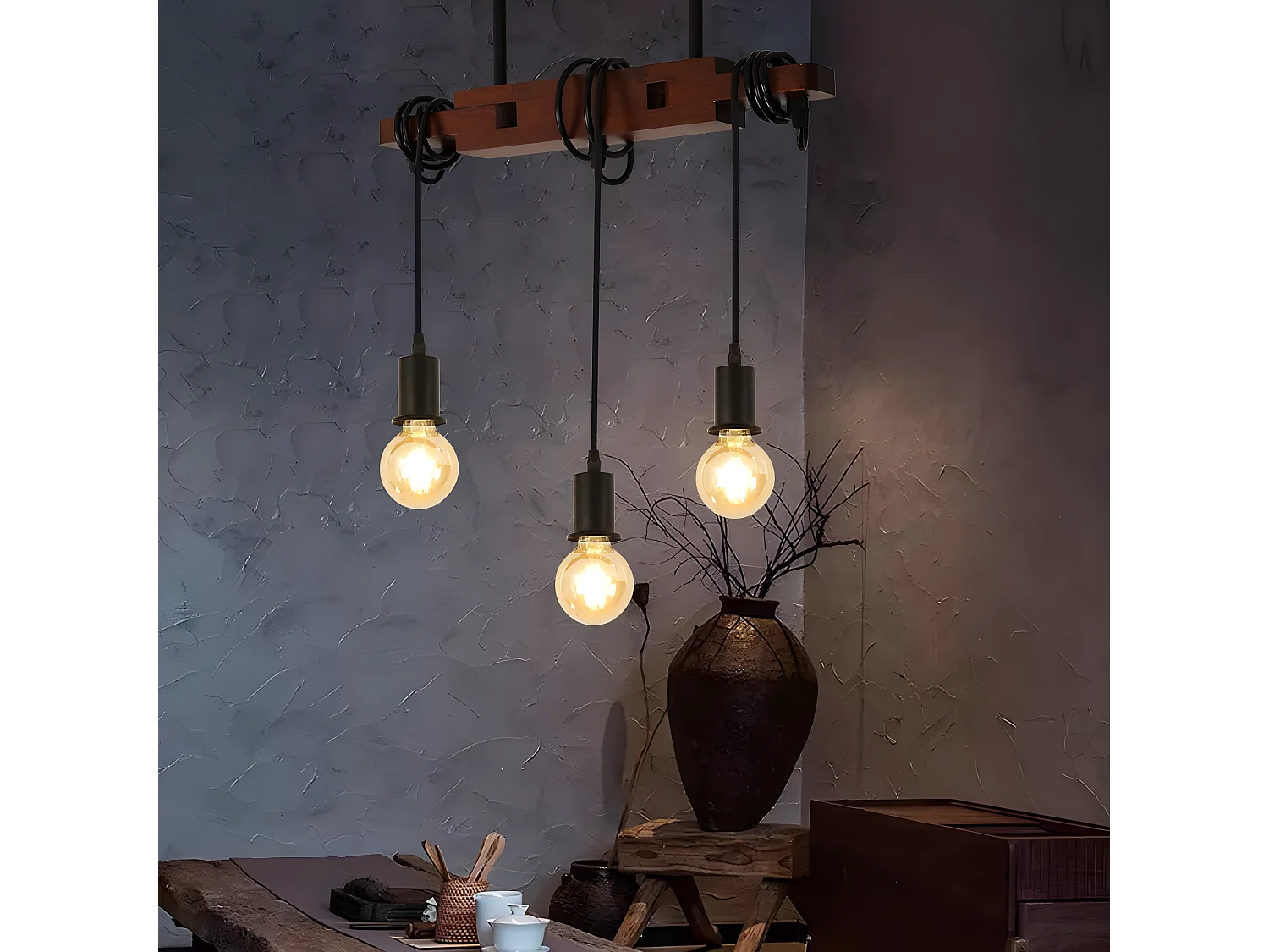 suspension luminaire industrielle,  40 * 5 * 149 CM, marron, lampe de plafond vintage en bois, E27 sans ampoules