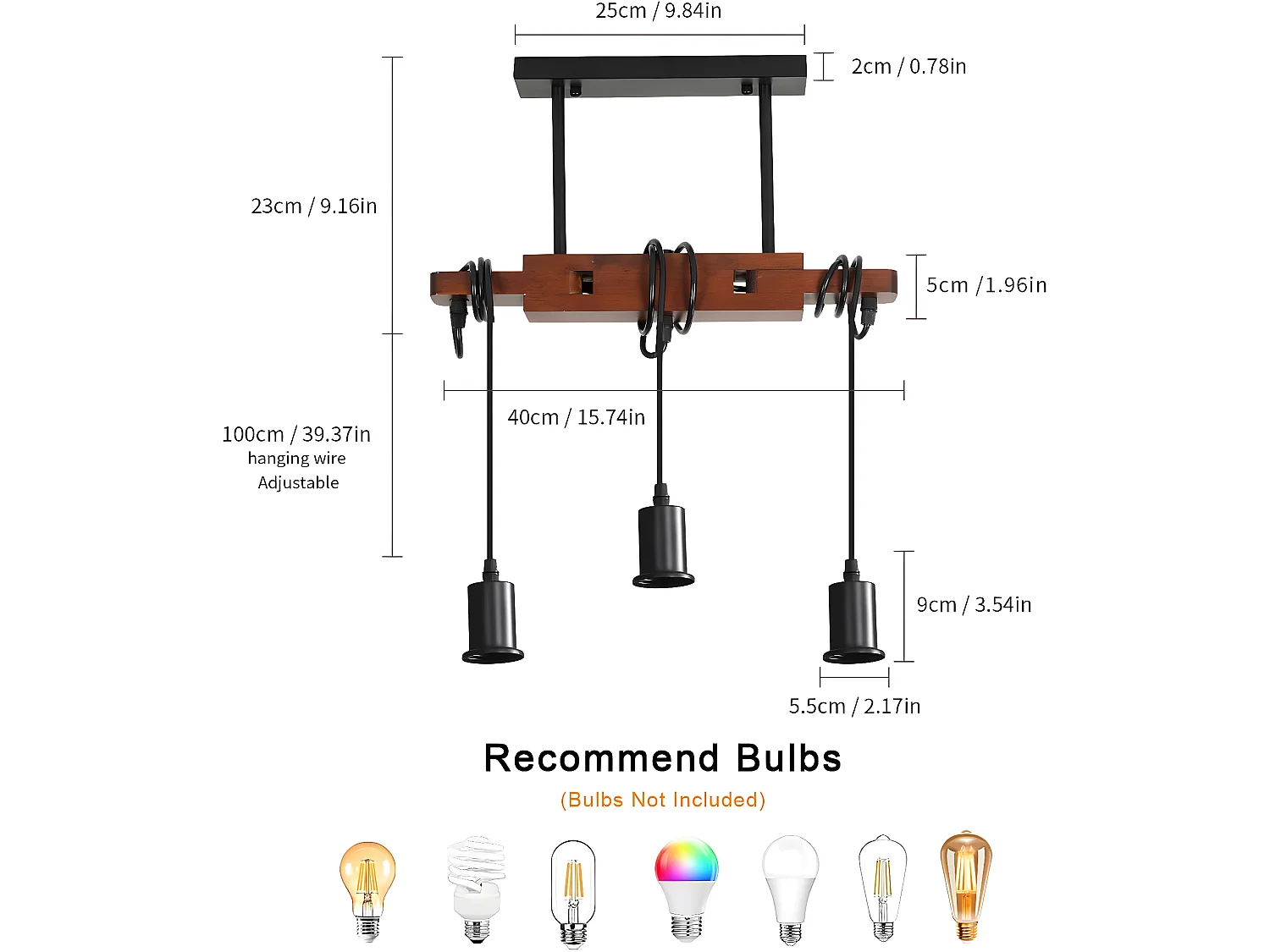 suspension luminaire industrielle,  40 * 5 * 149 CM, marron, lampe de plafond vintage en bois, E27 sans ampoules
