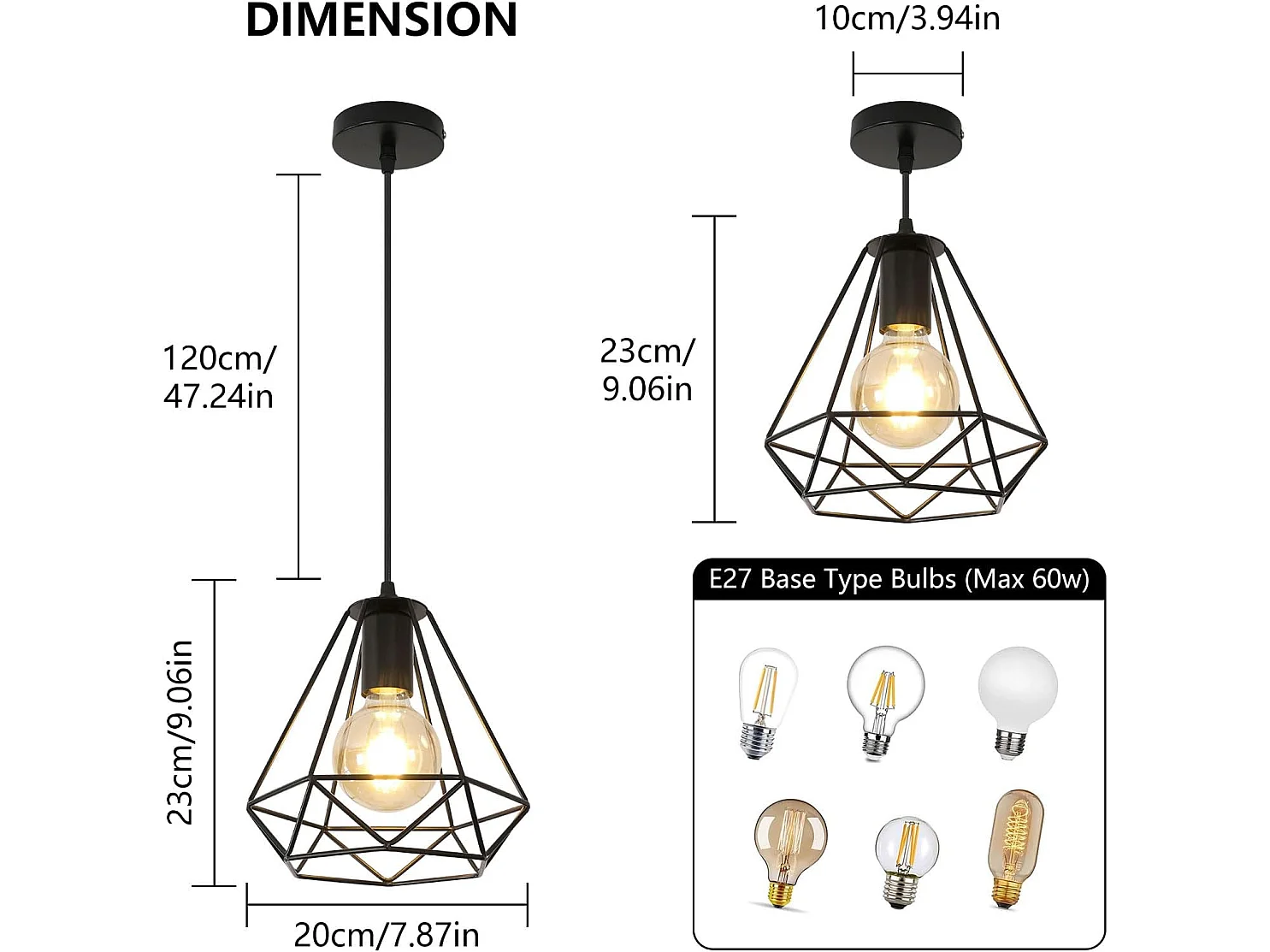 Suspension luminaire lustre cuisine moderne noir, 20*23cm, noir, E27, en metal