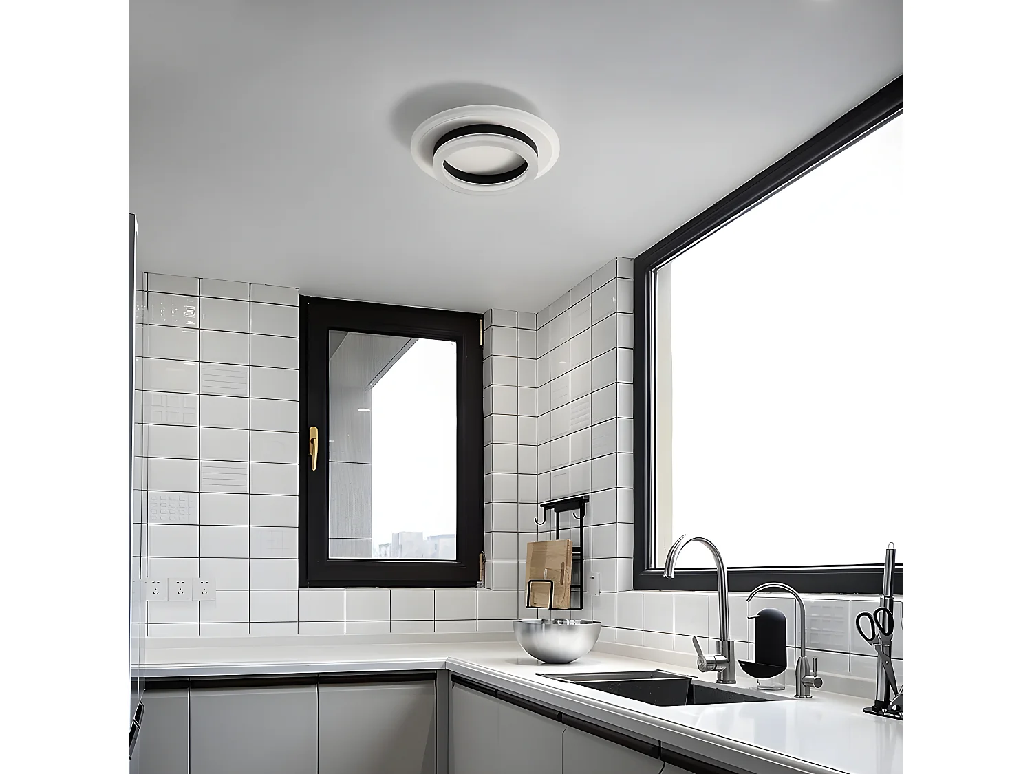 Plafonnier led 24w design moderne rond,  23 * 23 * 6cm, noir blanc, blanc froid 6000k