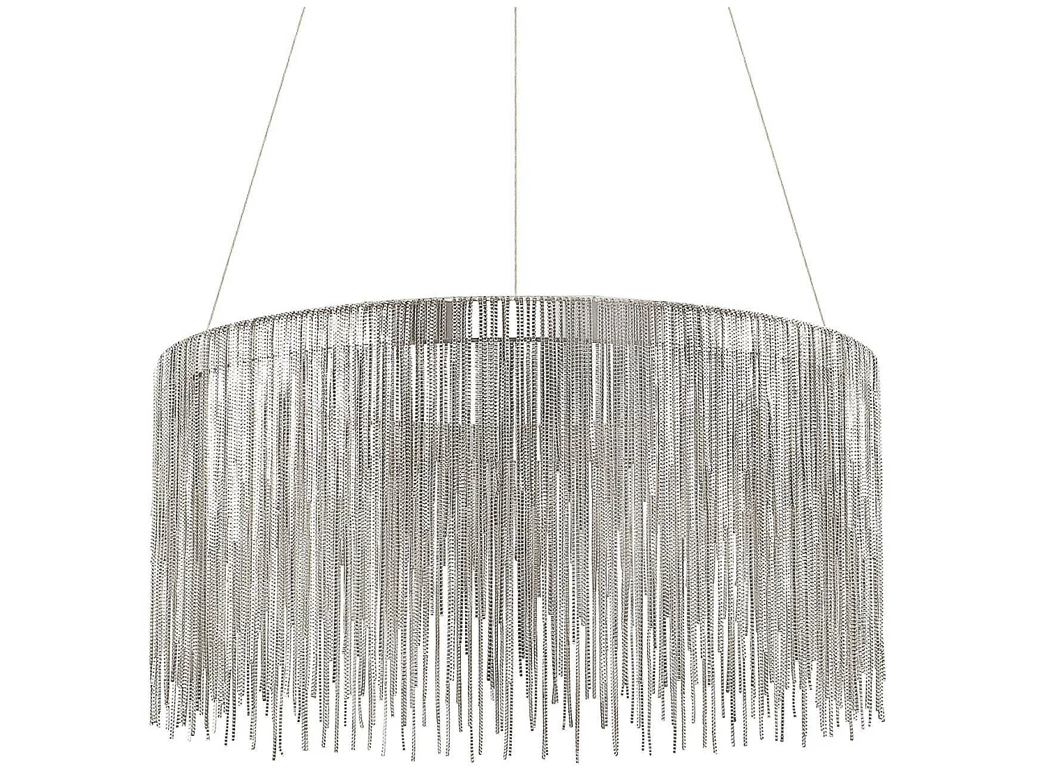 Ronde kroonluchter van verchroomd metaal met metalen kettingen en LED-licht