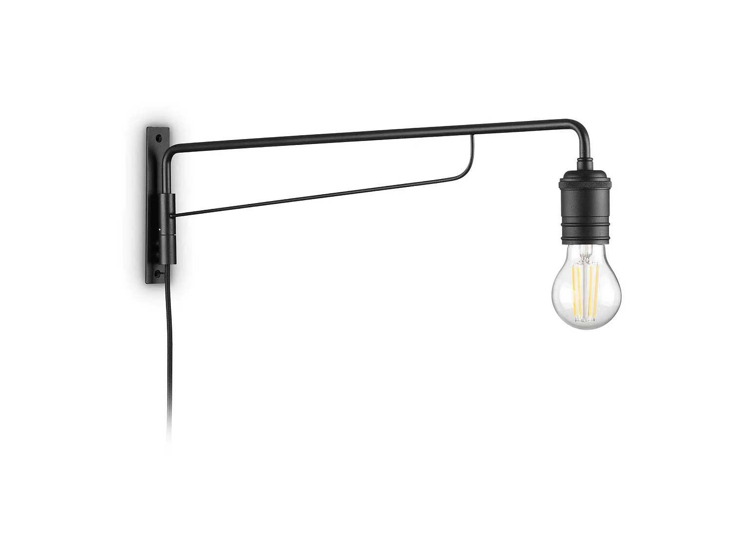 Zwart afgewerkte metalen wandlamp met stoffen kabel