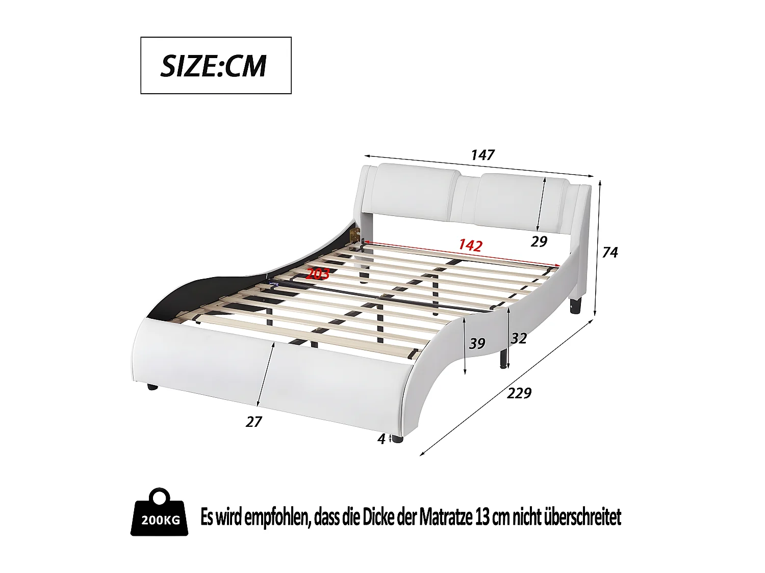 Letto imbottito 140 x 200 cm, letto per adulti imbottito in PU con LED, design ad arco, rete a doghe inclusa, bianco