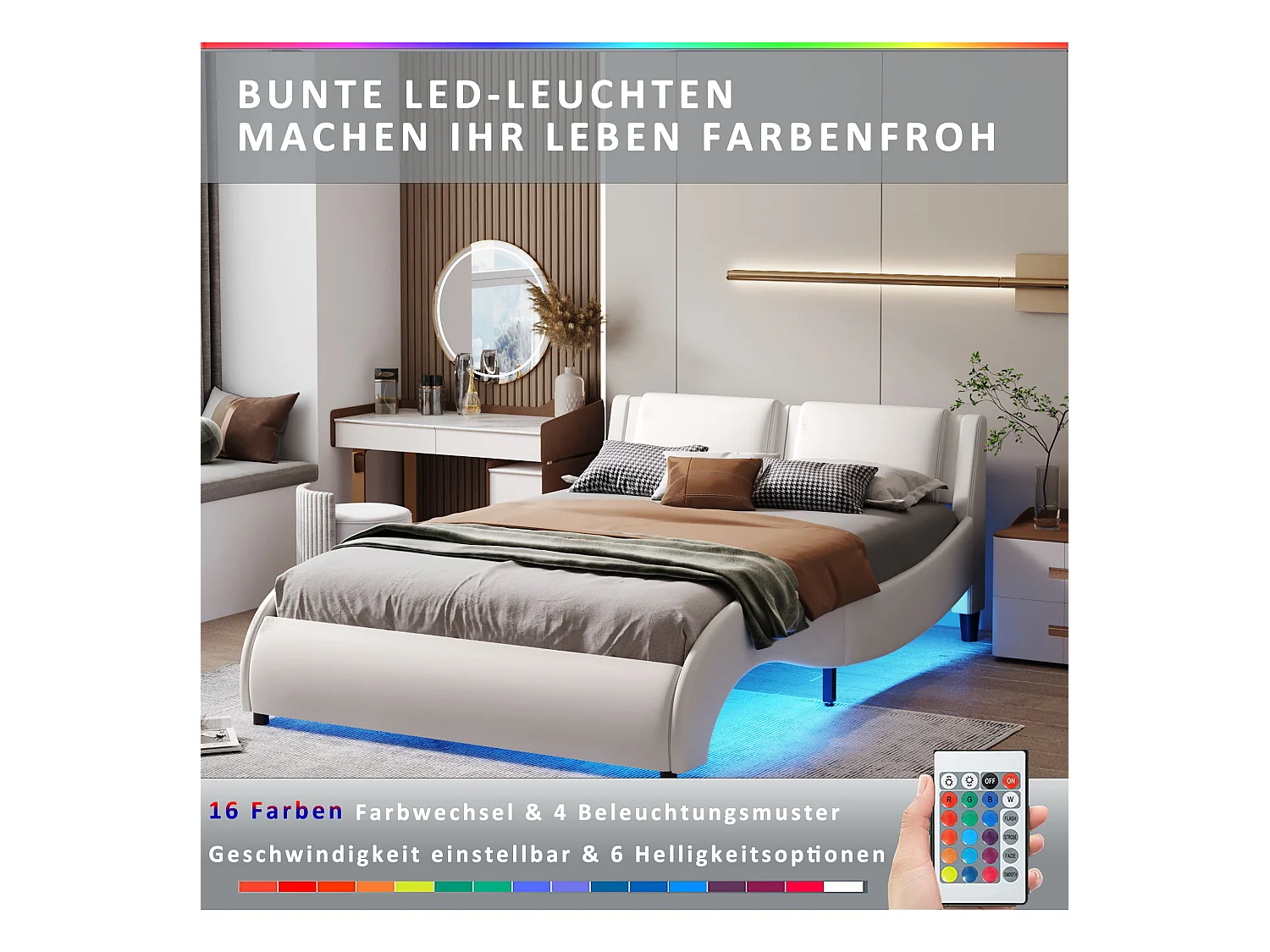 Letto imbottito 140 x 200 cm, letto per adulti imbottito in PU con LED, design ad arco, rete a doghe inclusa, bianco