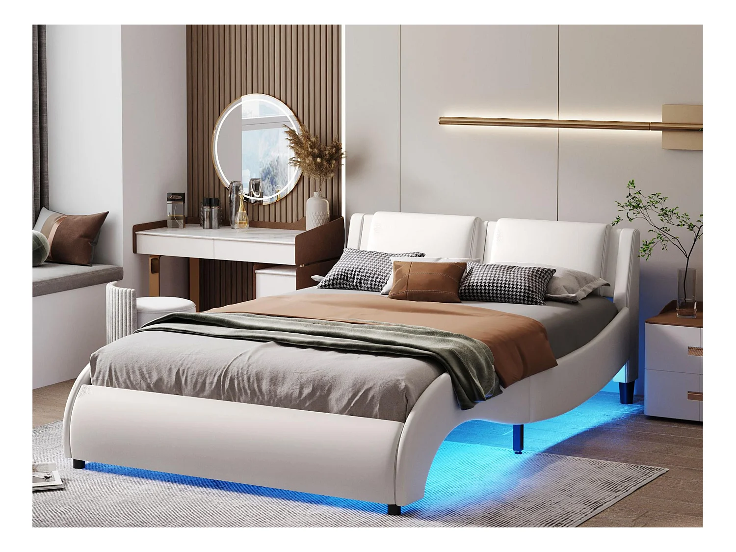 Lit capitonné 140 x 200 cm, lit adulte rembourré en PU avec LED, désign en arc, sommier à lattes inclus, blanc