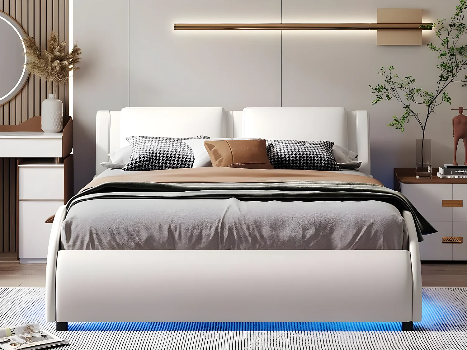 Lit capitonné 140 x 200 cm, lit adulte rembourré en PU avec LED, désign en arc, sommier à lattes inclus, blanc