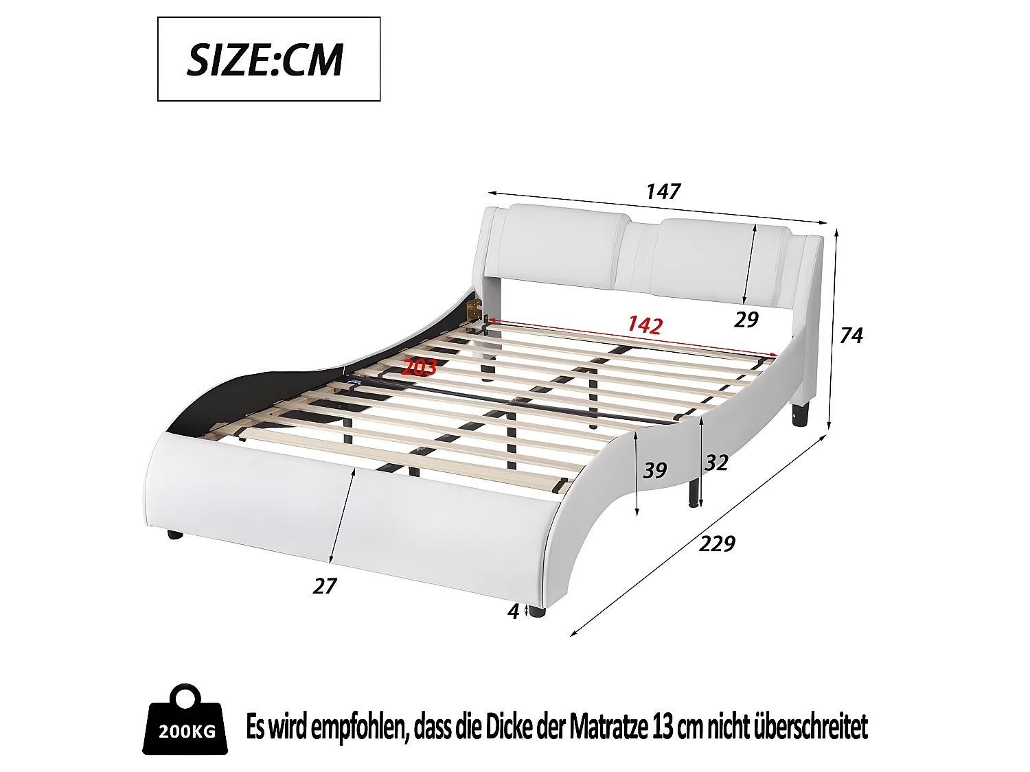 Lit capitonné 140 x 200 cm, lit adulte rembourré en PU avec LED, désign en arc, sommier à lattes inclus, blanc