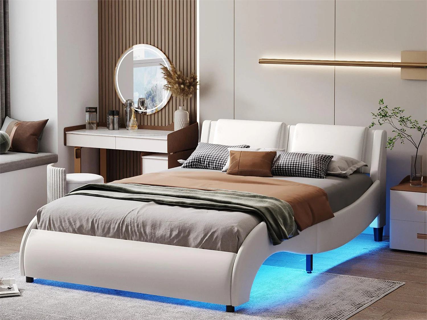 Gestoffeerd bed 140 x 200 cm, PU-gevoerd volwassen bed met LED, boogvormig design, inclusief lattenbodem, wit