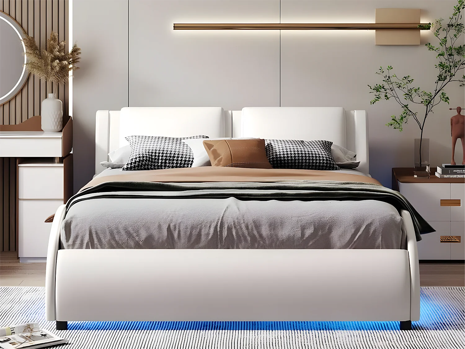 Gestoffeerd bed 140 x 200 cm, PU-gevoerd volwassen bed met LED, boogvormig design, inclusief lattenbodem, wit