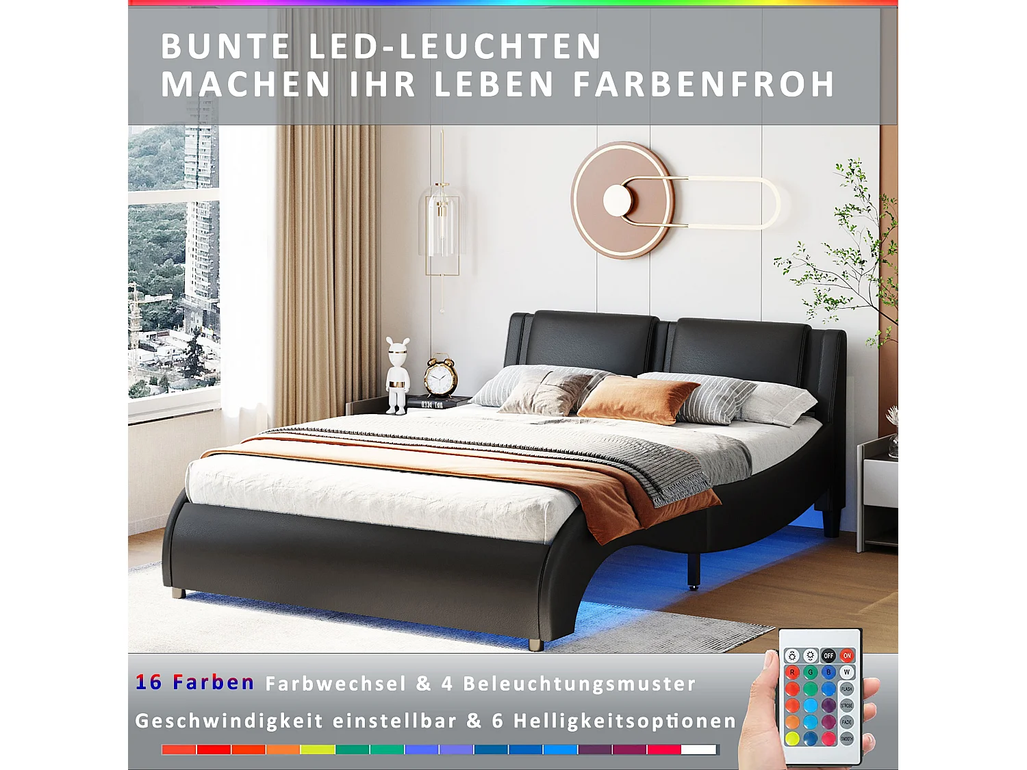 Polsterbett 140 x 200 cm, PU-gepolstertes Erwachsenenbett mit LED, Bogendesign, inklusive Lattenrost, schwarz