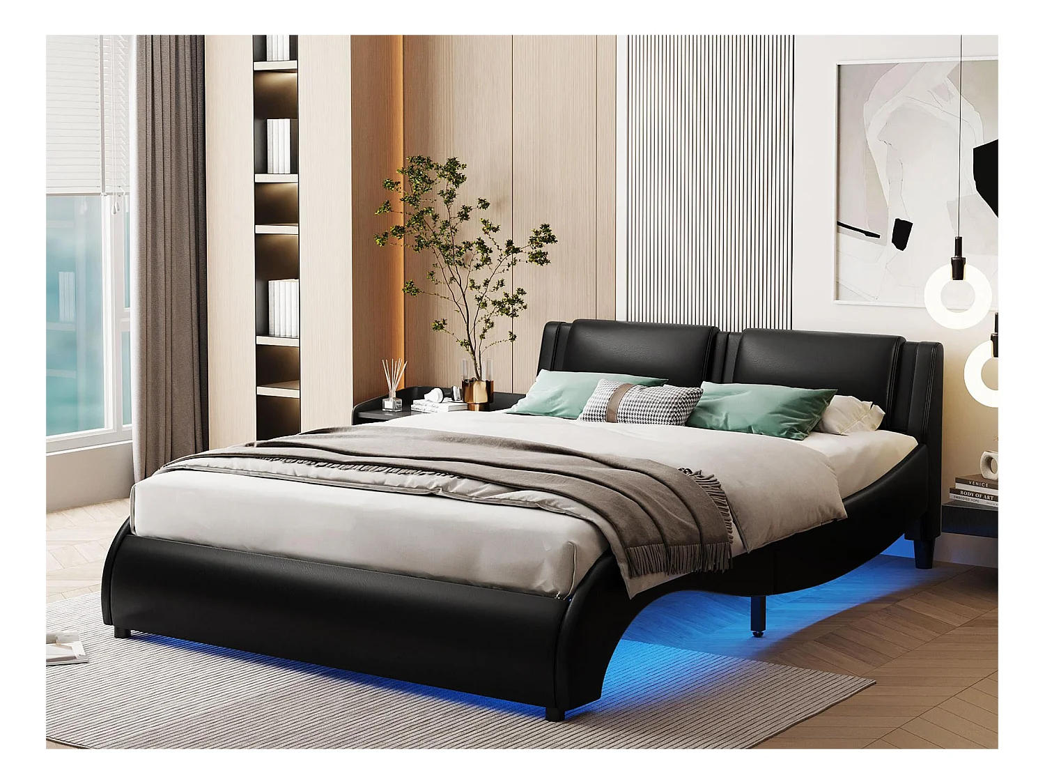 Lit capitonné 140 x 200 cm, lit adulte rembourré en PU avec LED, désign en arc, sommier à lattes inclus, noir