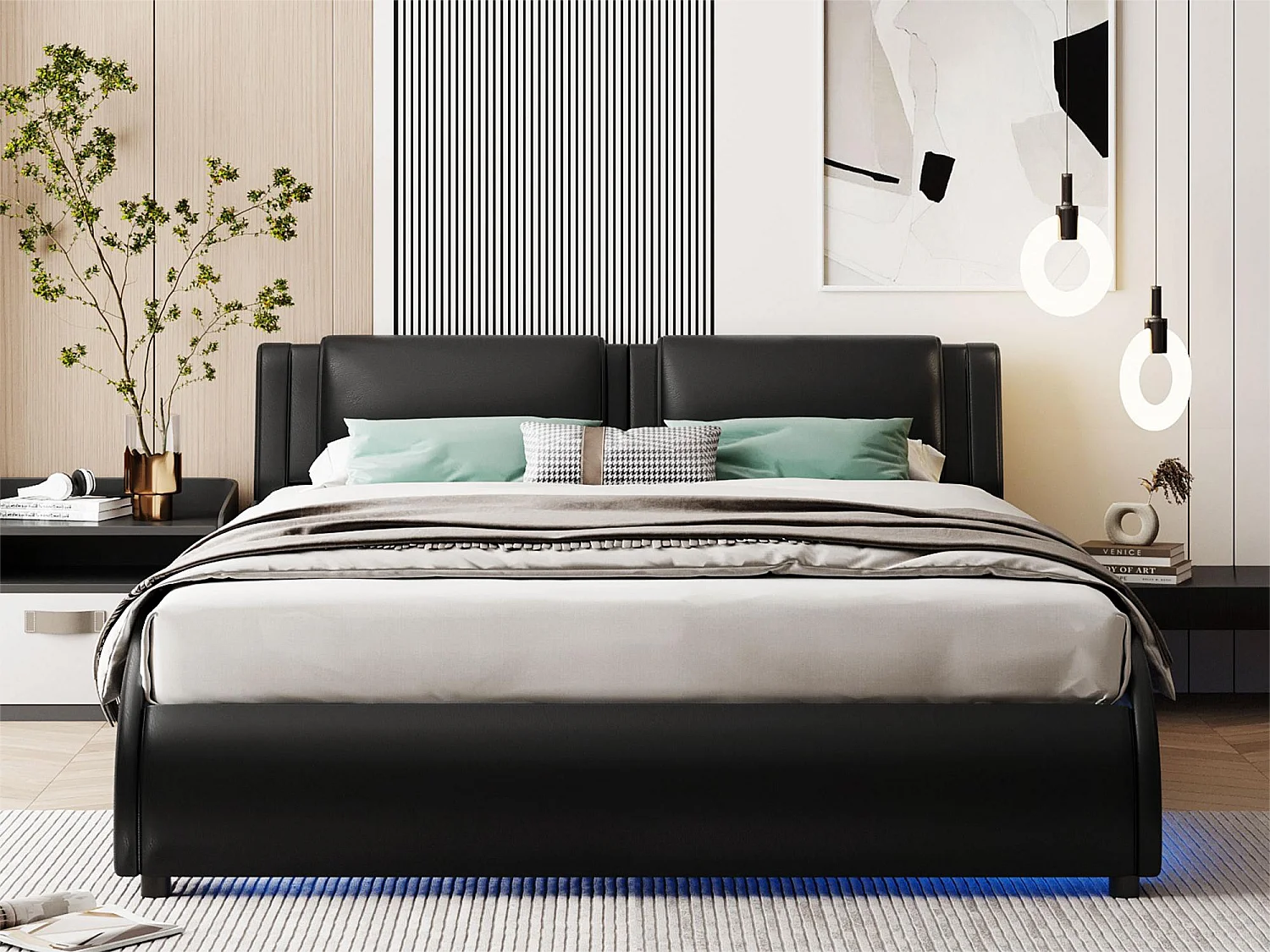 Łóżko tapicerowane 140 x 200 cm, łóżko dla dorosłych z wypełnieniem PU i oświetleniem LED, łukowa konstrukcja, w zestawie stelaż z listew, czarne