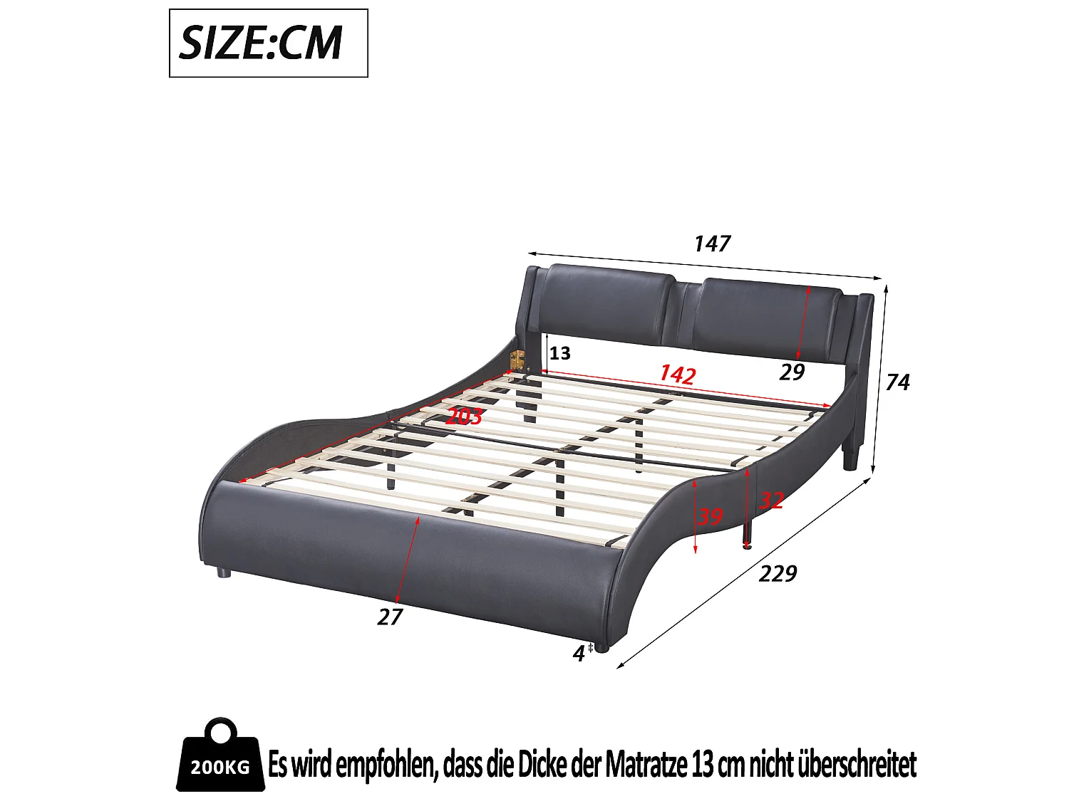 Łóżko tapicerowane 140 x 200 cm, łóżko dla dorosłych z wypełnieniem PU i oświetleniem LED, łukowa konstrukcja, w zestawie stelaż z listew, czarne