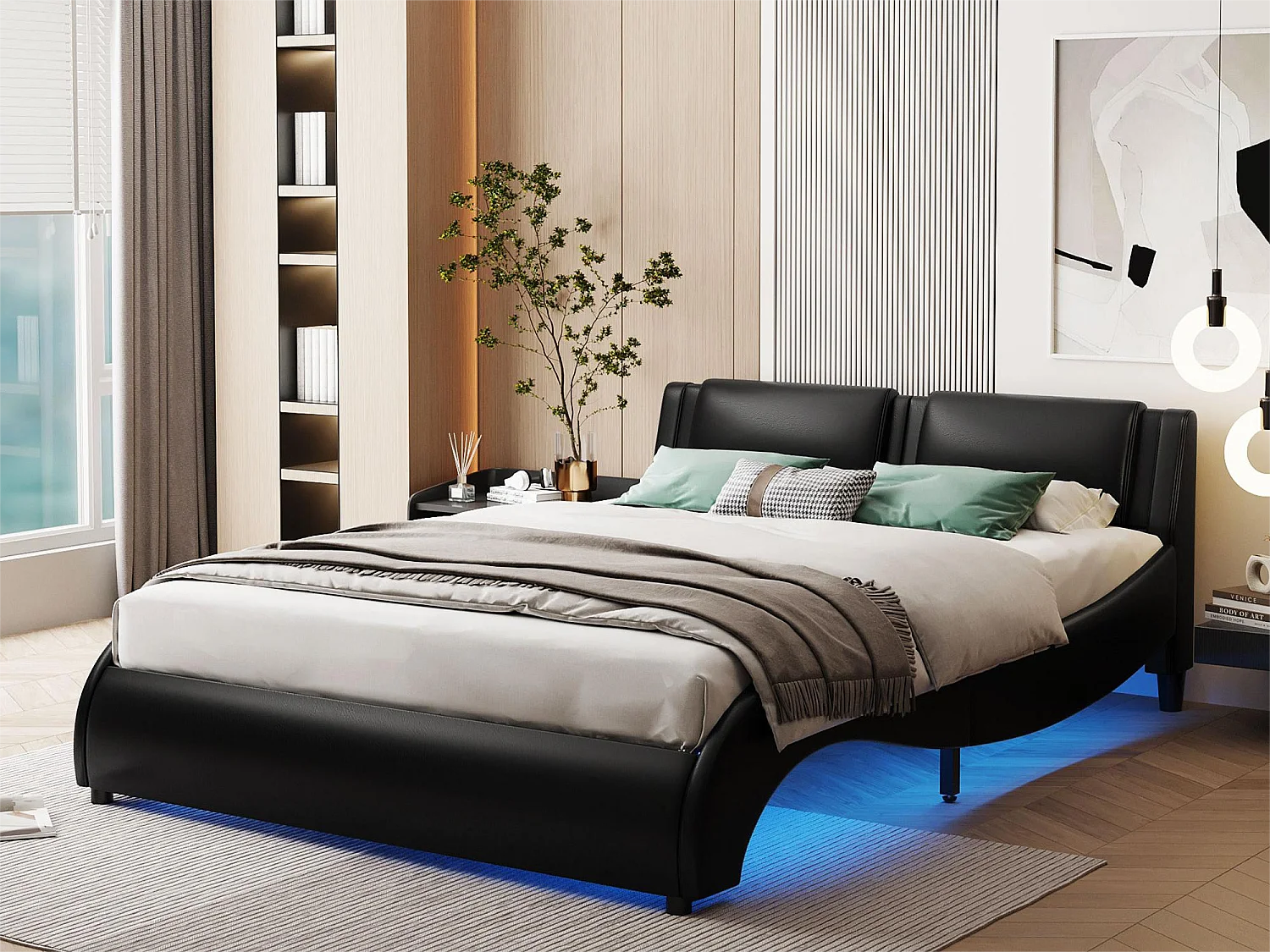 Gestoffeerd bed 140 x 200 cm, PU-gevoerd volwassen bed met LED, gebogen design, inclusief lattenbodem, zwart